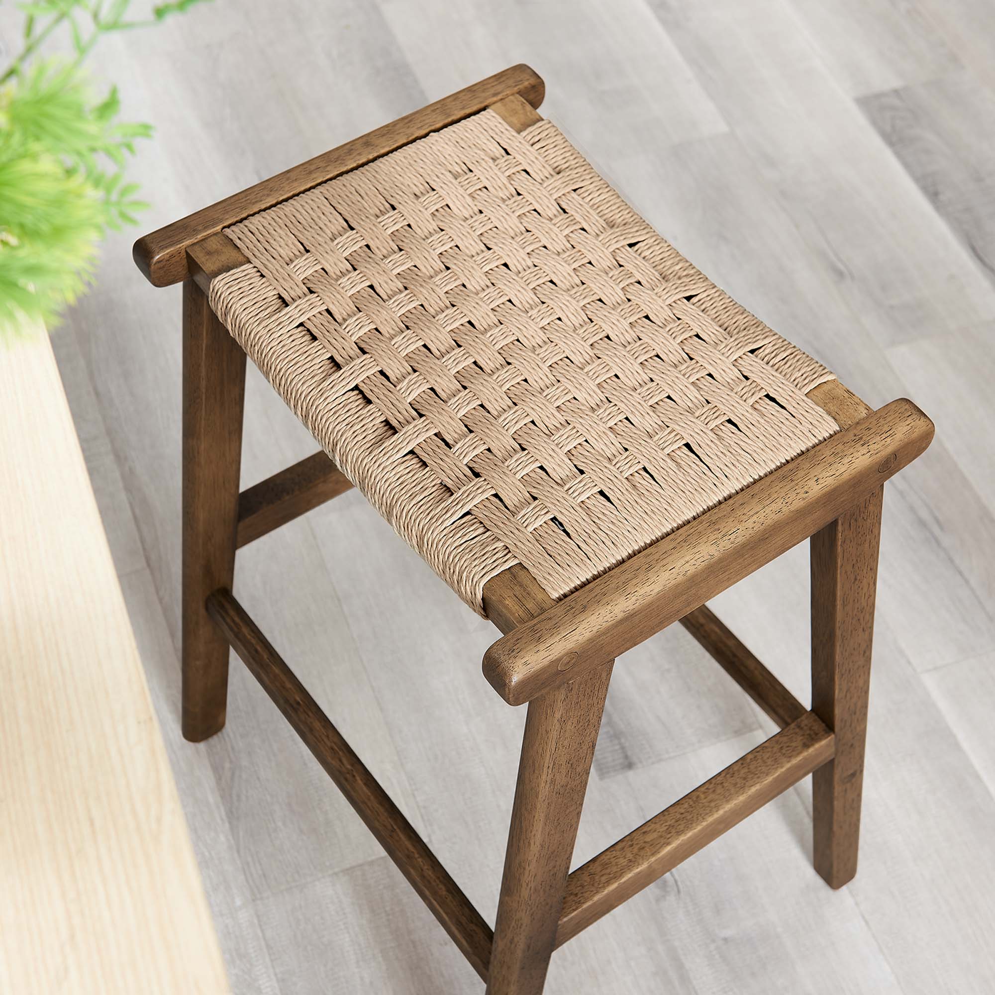 Saoirse Woven Rope Wood Counter Stool Set of 2 - Walnut Natural