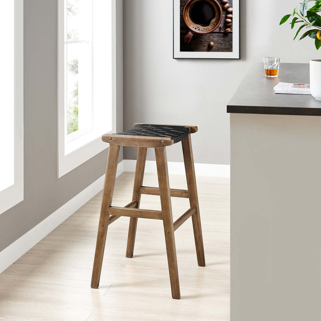 Saoirse Leather Wood Bar Stool Set of 2 - Walnut Black