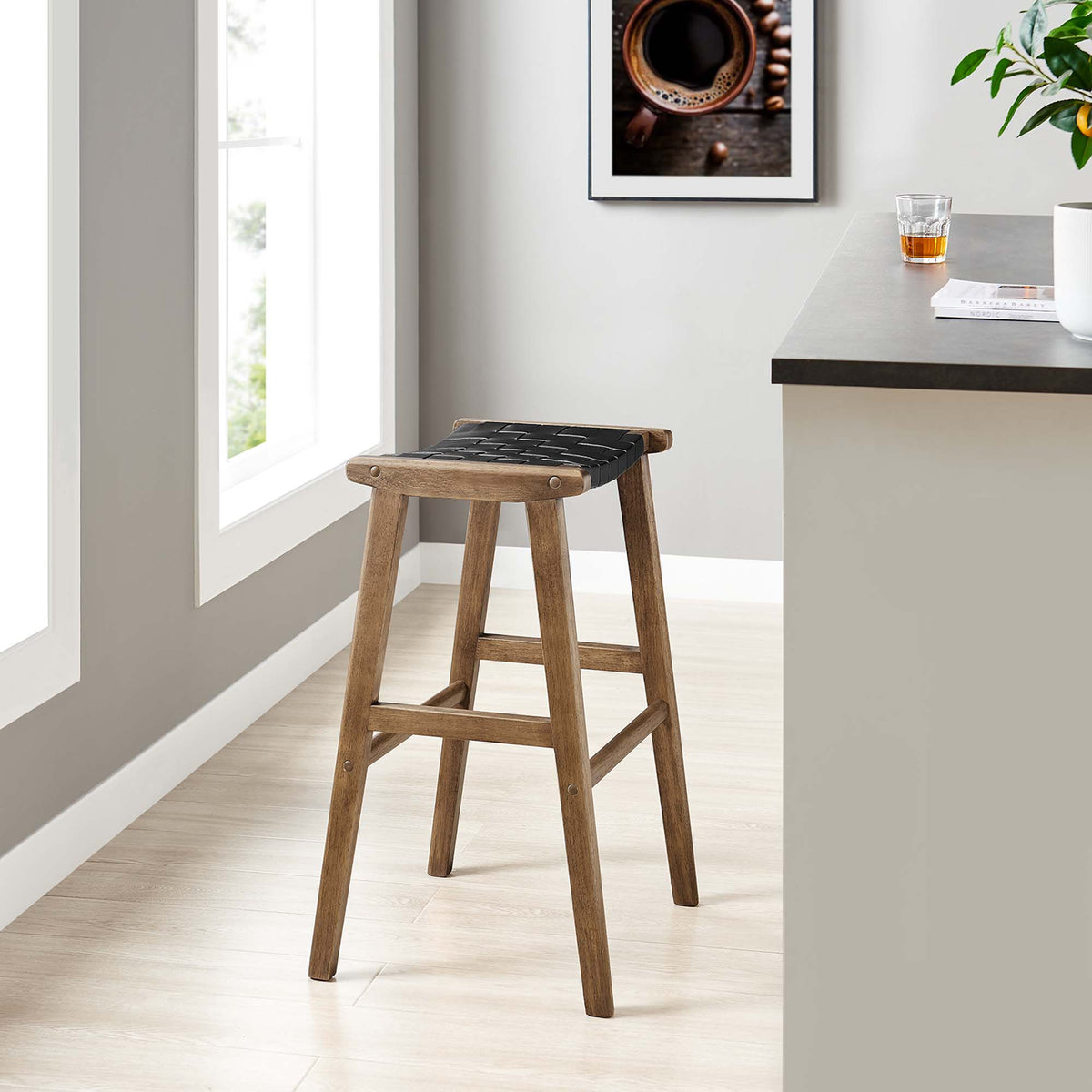 Saoirse Leather Wood Bar Stool Set of 2 - Walnut Black