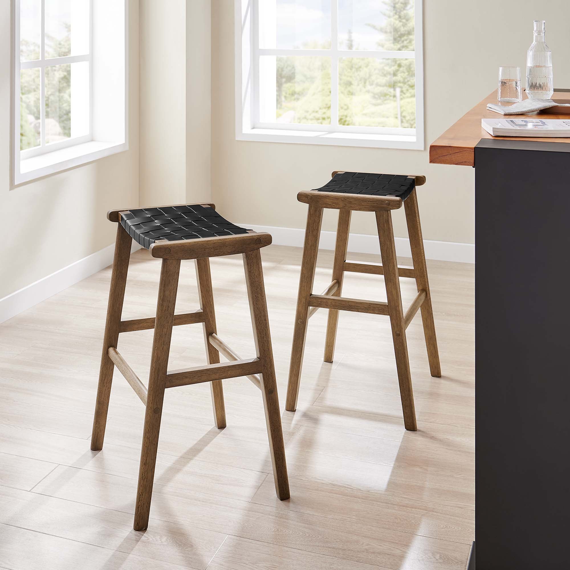 Saoirse Leather Wood Bar Stool Set of 2 - Walnut Black