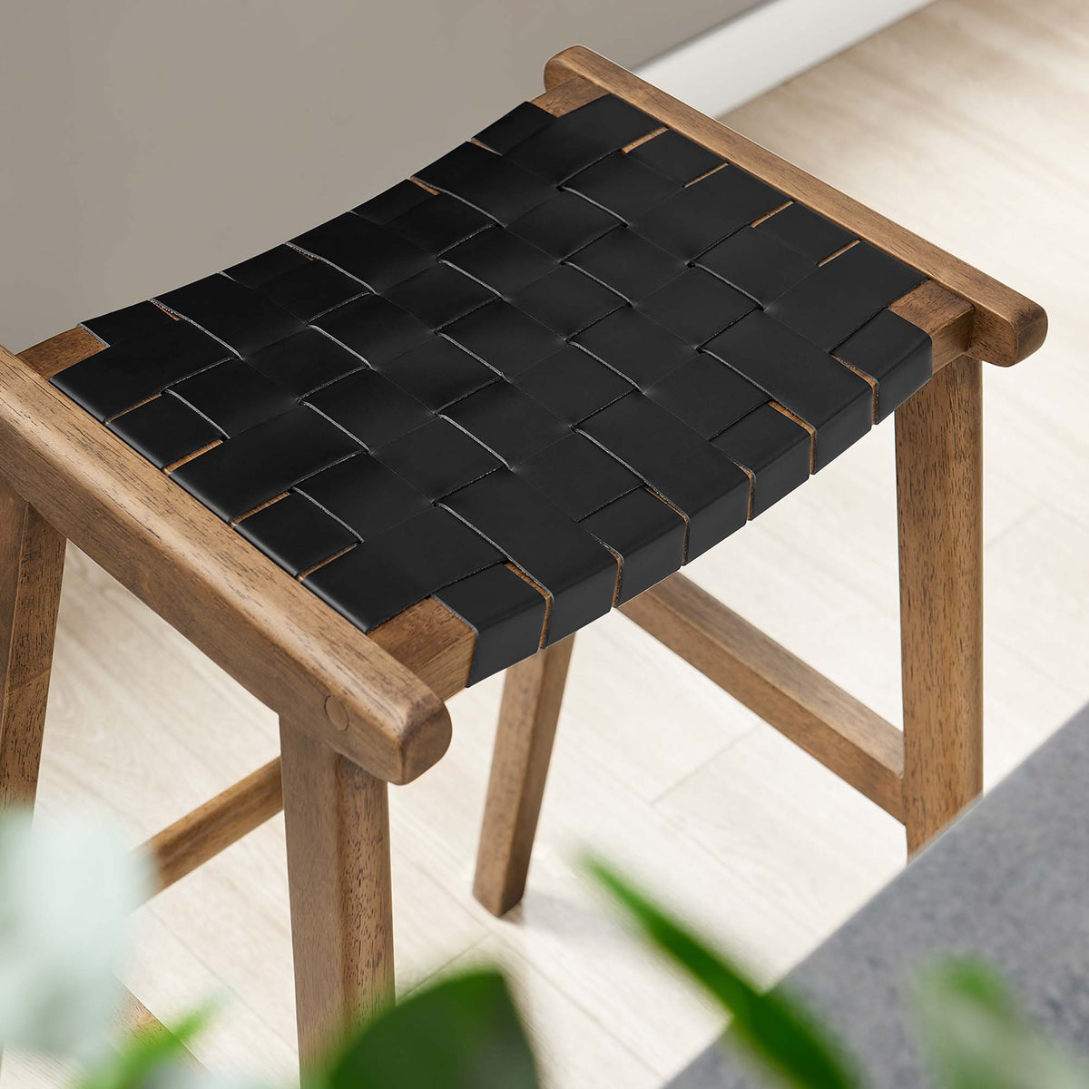Saoirse Leather Wood Bar Stool Set of 2 - Walnut Black