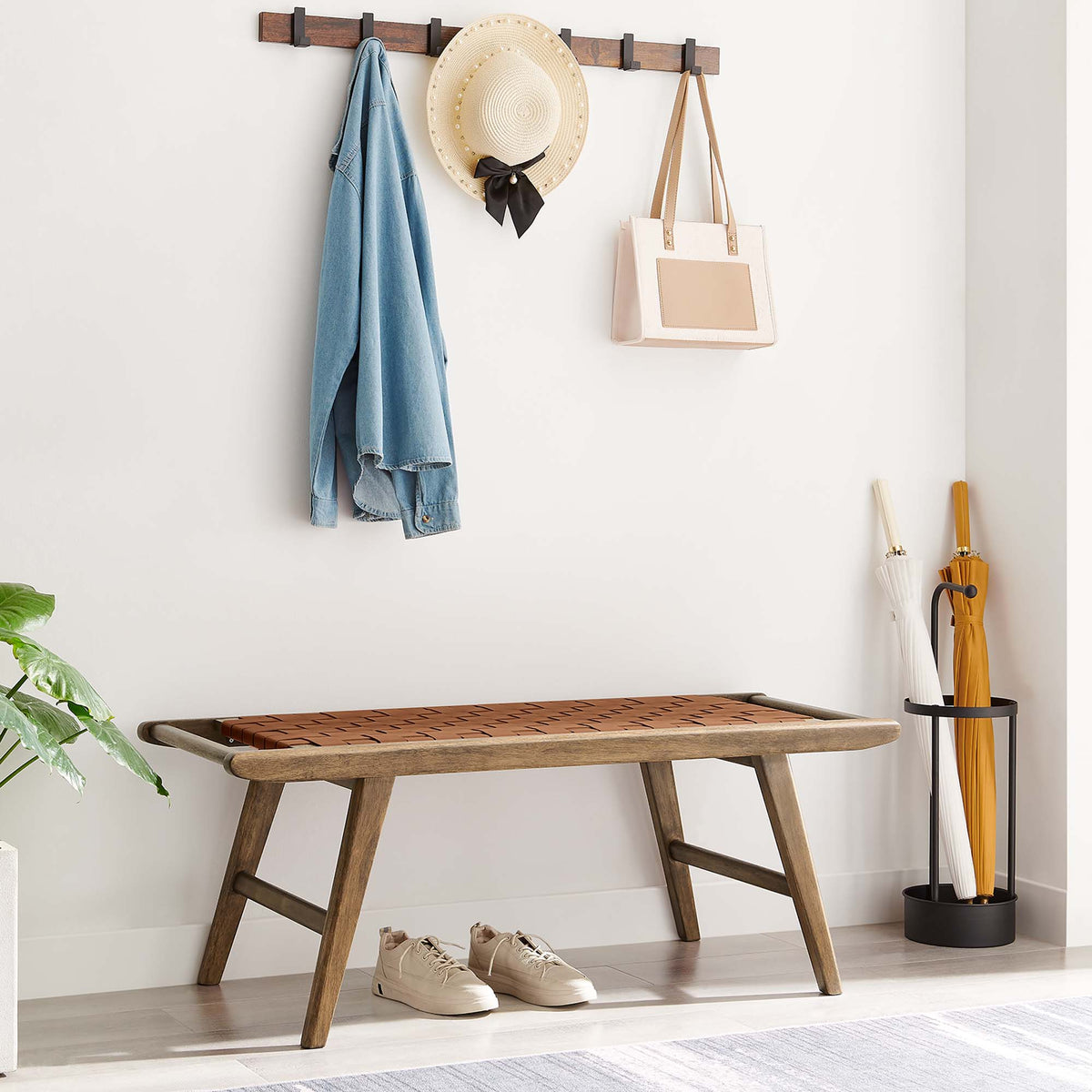 Saoirse 47" Faux Leather Wood Bench - Walnut Brown