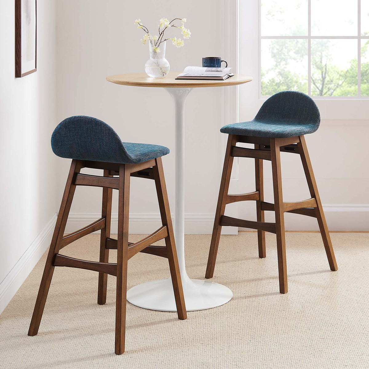 Juno Wood Bar Stool Set of 2 - Navy Fabric