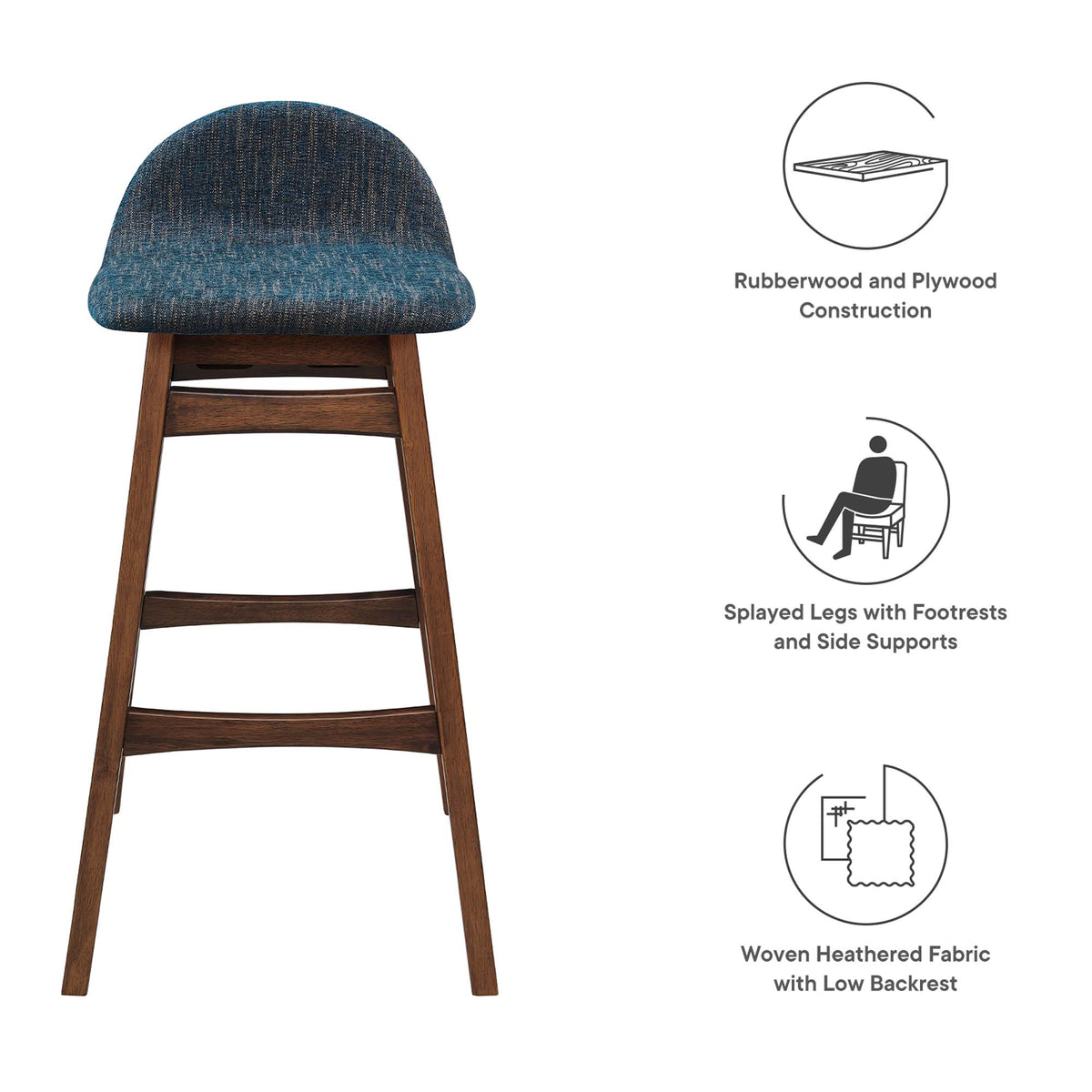 Juno Wood Bar Stool Set of 2 - Navy Fabric