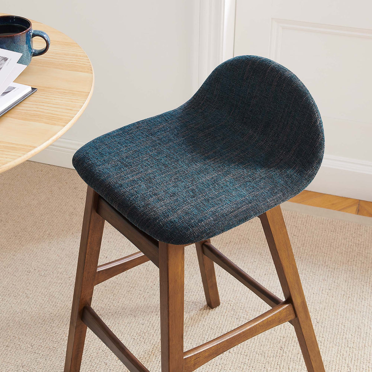 Juno Wood Bar Stool Set of 2 - Navy Fabric