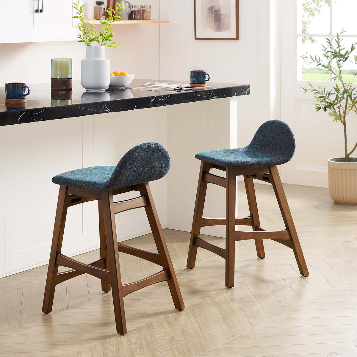 Juno Wood Counter Stool Set of 2 - Navy Fabric