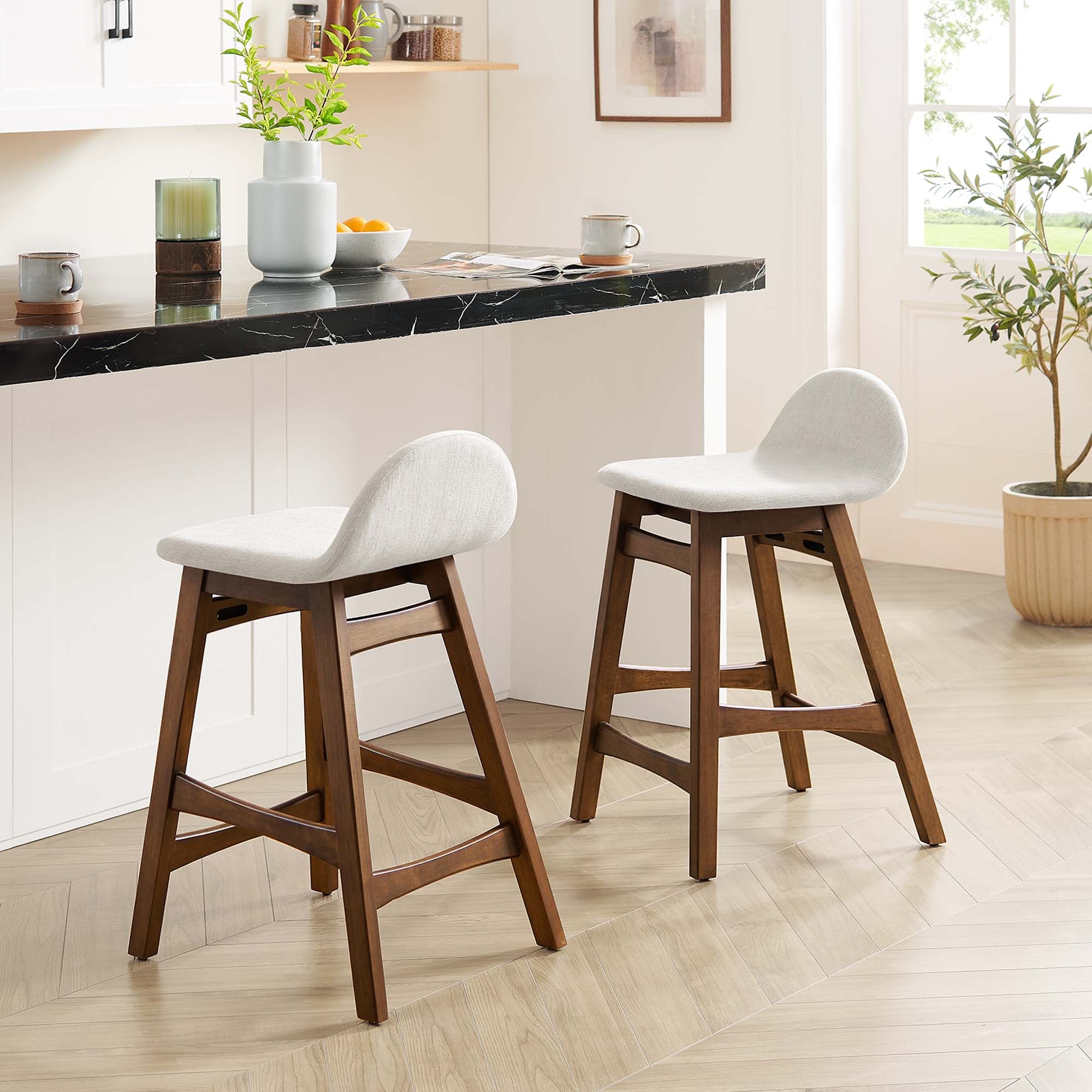 Juno Wood Counter Stool Set of 2 - Ivory Fabric