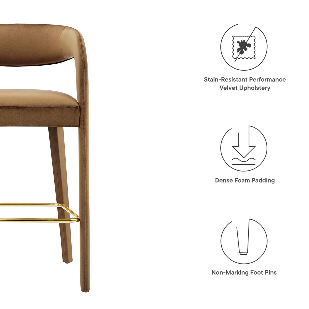 Pinnacle Performance Velvet Bar Stool Set of 2 - Brown Gold