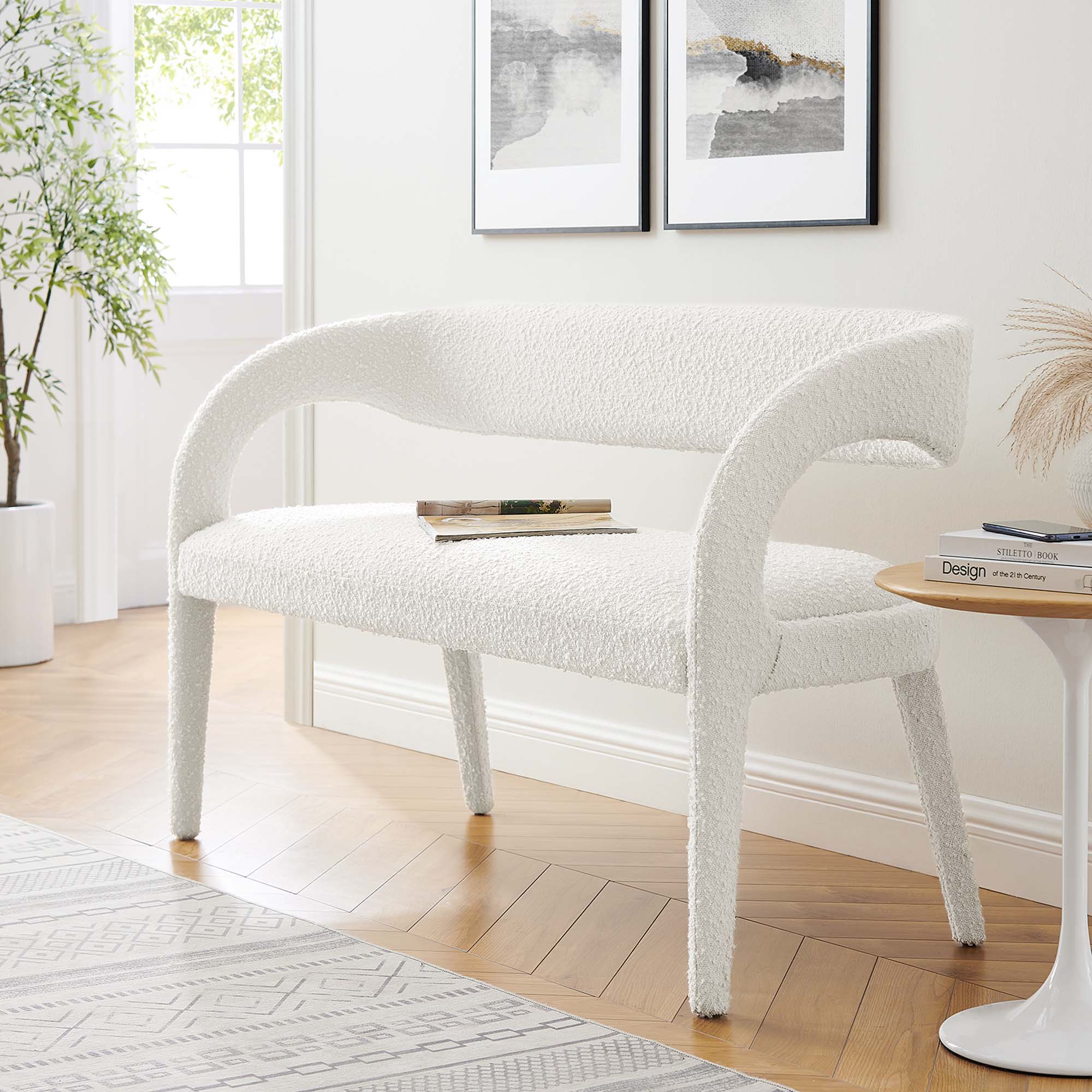 Pinnacle Boucle Fabric Accent Bench - Ivory