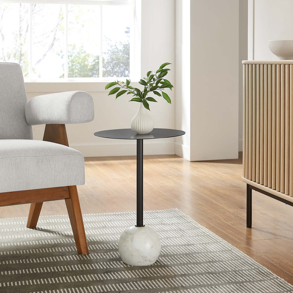Aliza Round White Marble Side Table - White Black