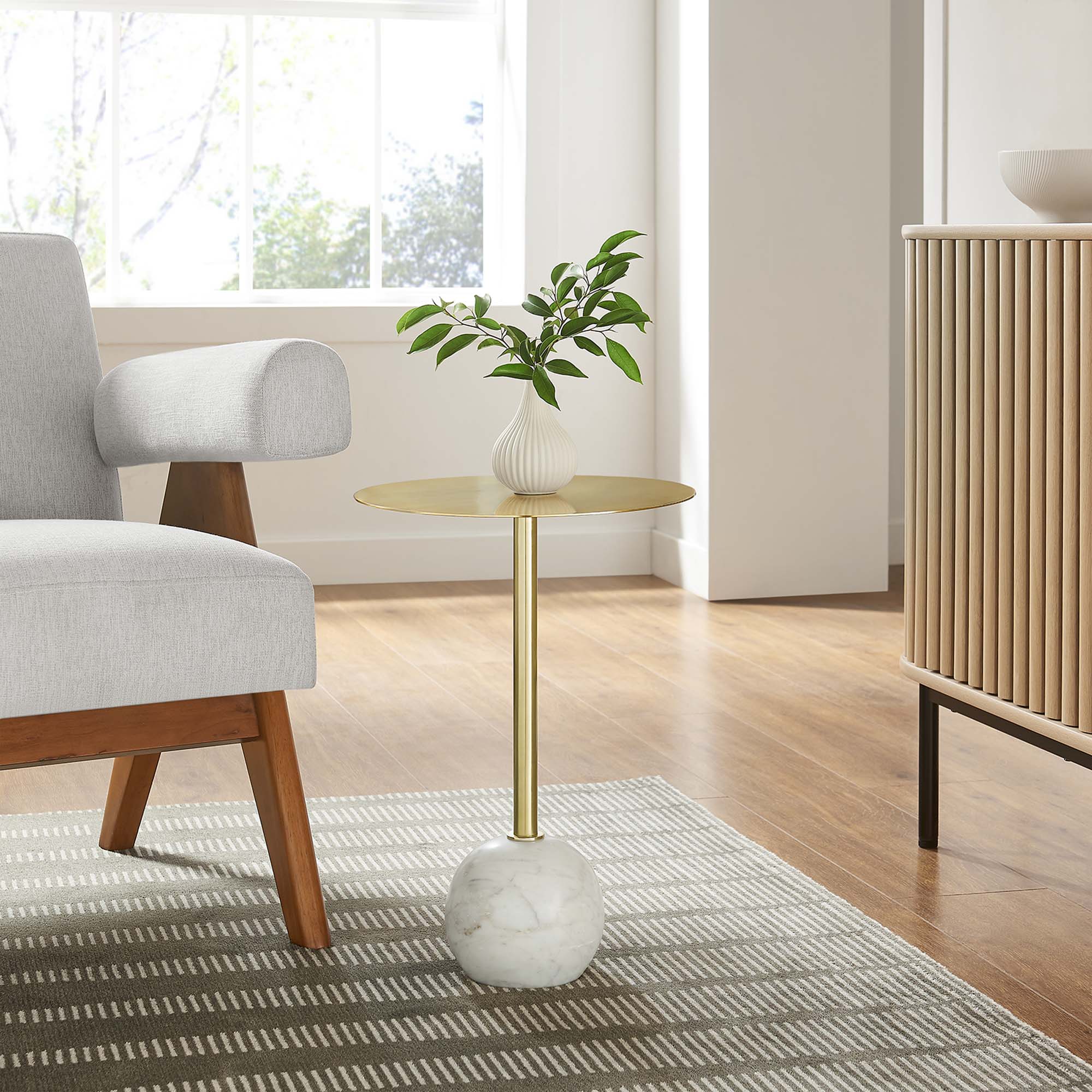 Aliza Round White Marble Side Table - White Brass