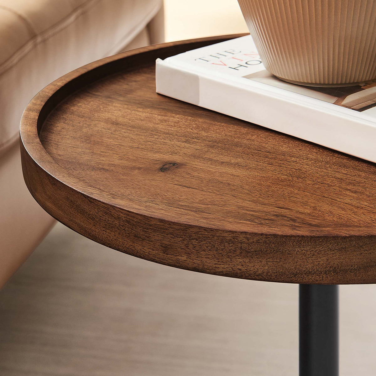 Amina Round Acacia Wood Side Table - White Light Oak