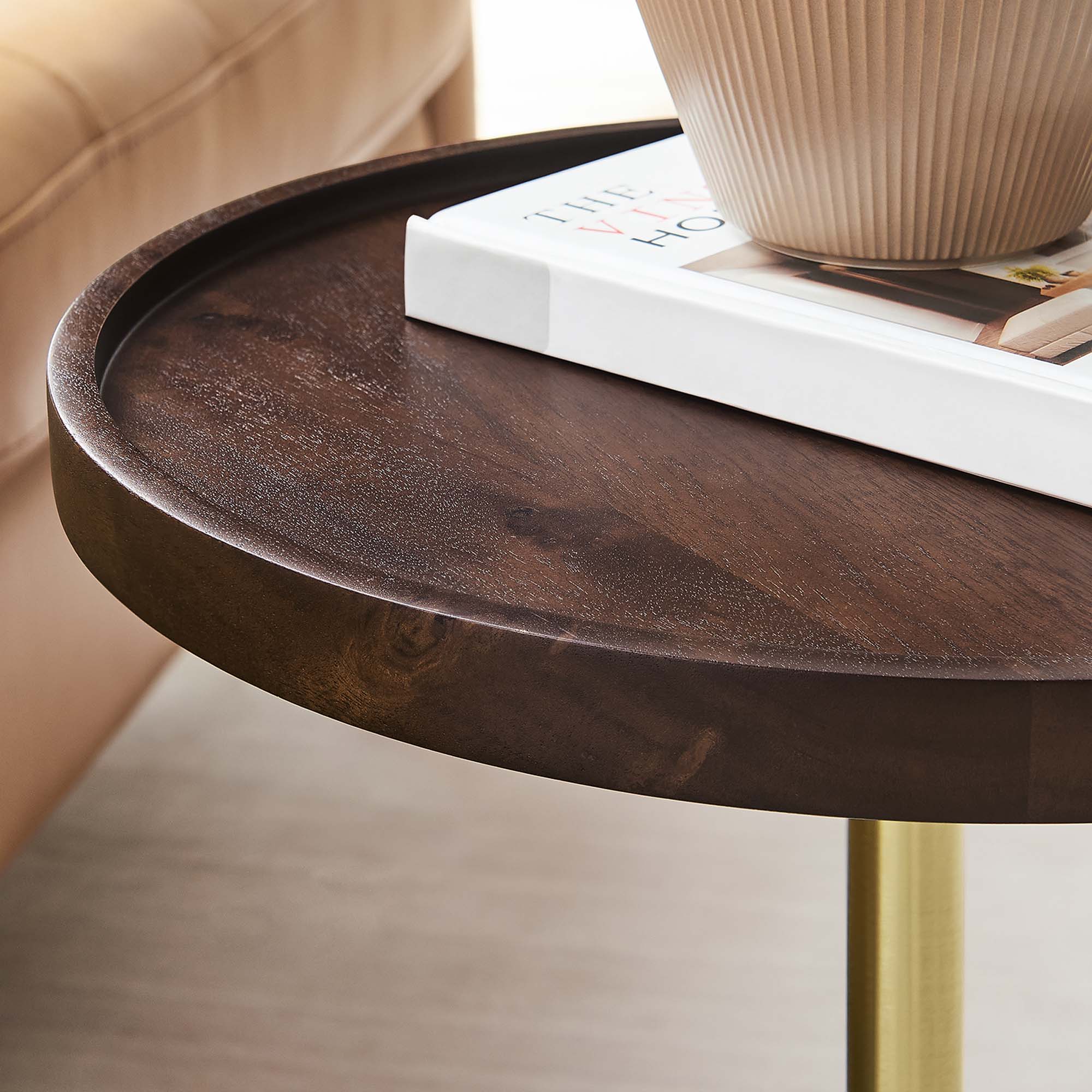 Amina Round Acacia Wood Side Table - White Walnut