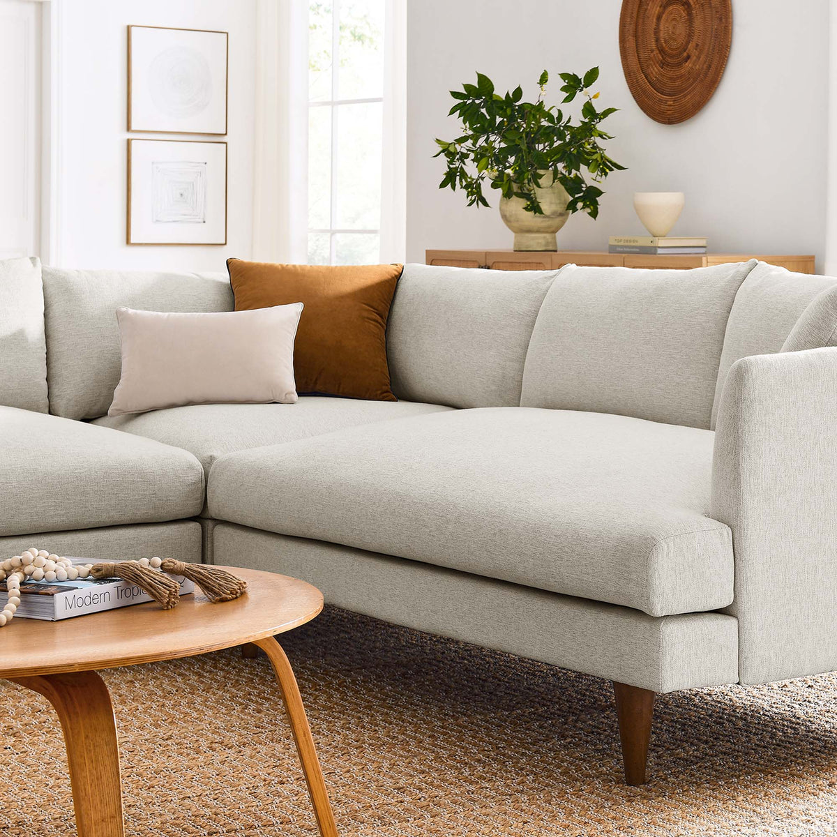 Zoya 3 Piece Down Filled Overstuffed Sectional Sofa - Heathered Weave Ivory