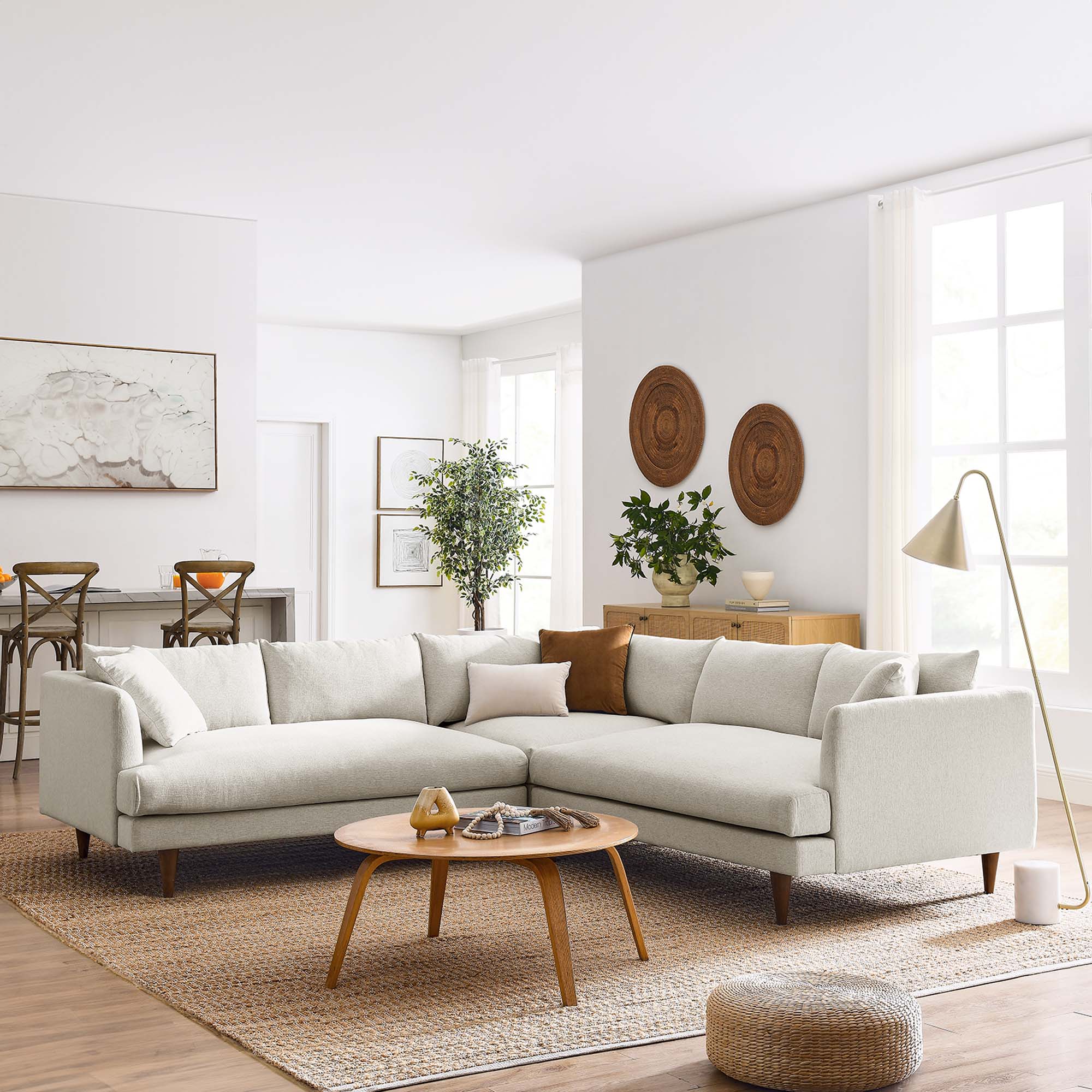 Zoya 3 Piece Down Filled Overstuffed Sectional Sofa - Heathered Weave Ivory