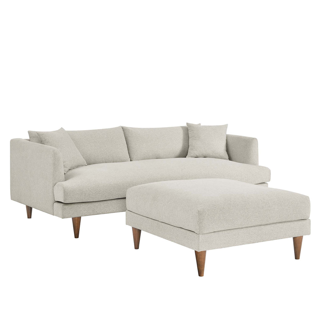Zoya Down Filled Overstuffed Sofa and Ottoman Set - Heathered Weave Ivory