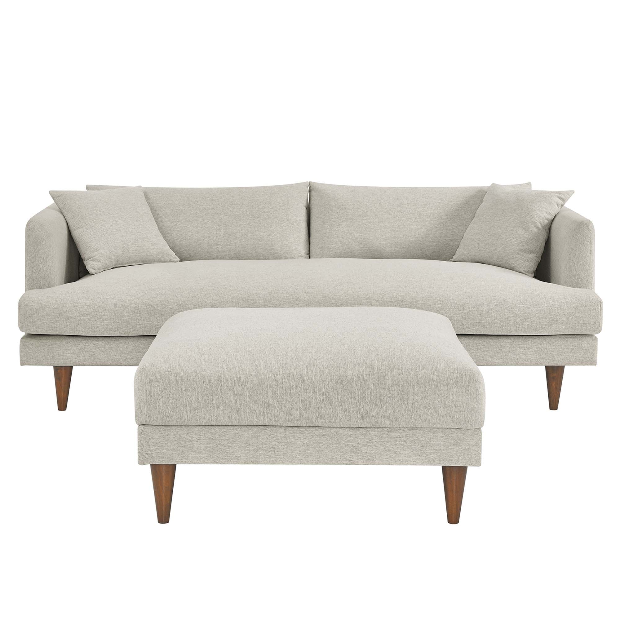 Zoya Down Filled Overstuffed Sofa and Ottoman Set - Heathered Weave Ivory