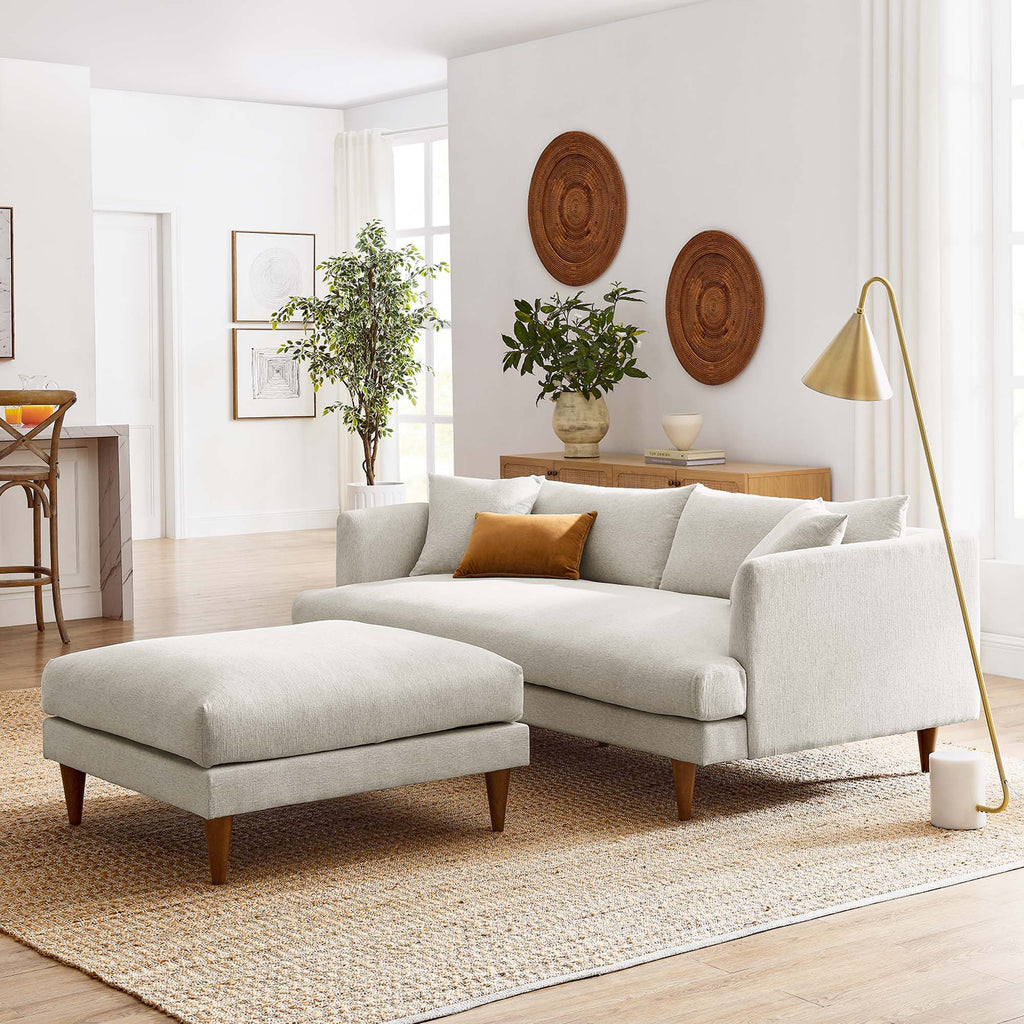 Zoya Down Filled Overstuffed Sofa and Ottoman Set - Heathered Weave Ivory