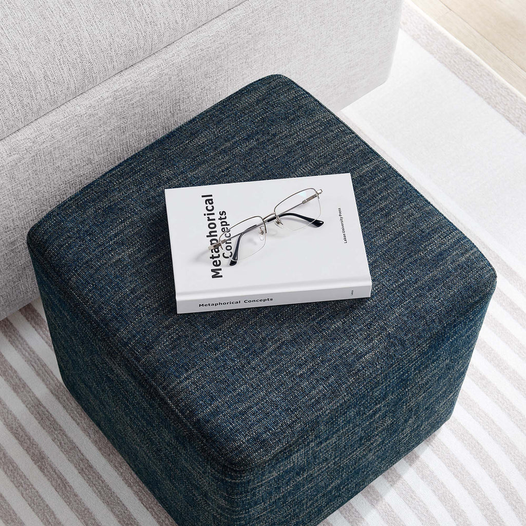 Callum 17" Square Woven Heathered Fabric Upholstered Ottoman - Heathered Weave Azure