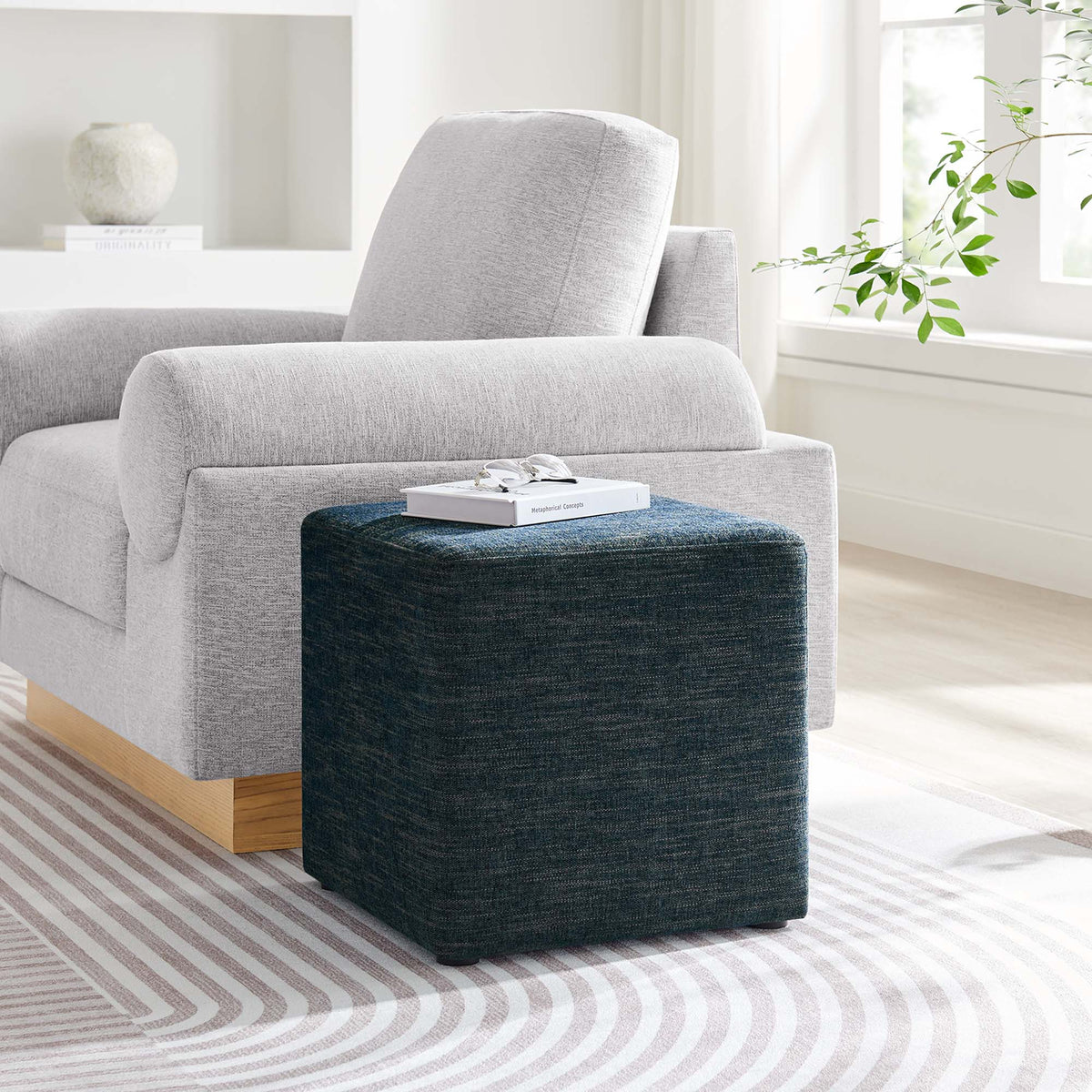 Callum 17" Square Woven Heathered Fabric Upholstered Ottoman - Heathered Weave Azure