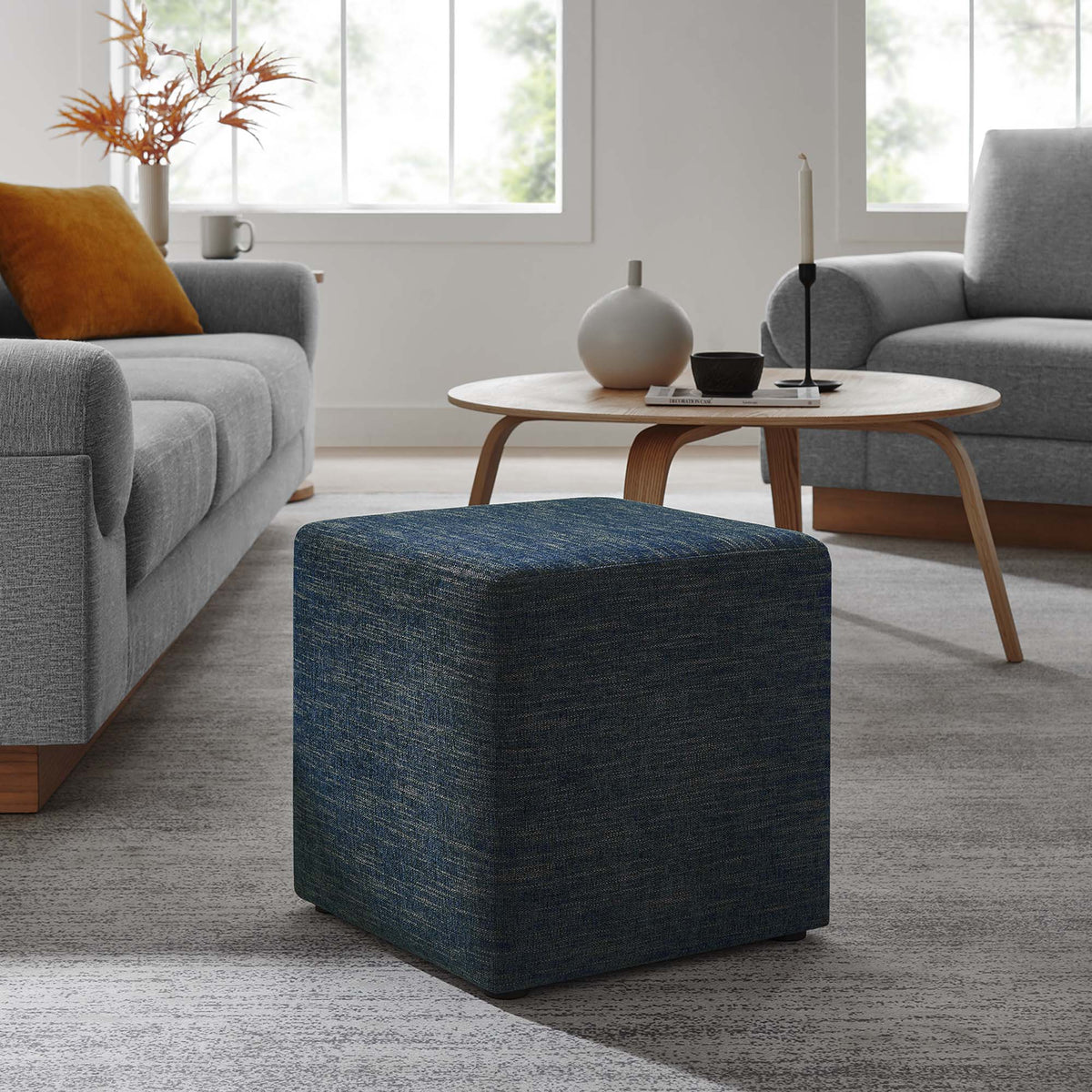 Callum 17" Square Woven Heathered Fabric Upholstered Ottoman - Heathered Weave Azure
