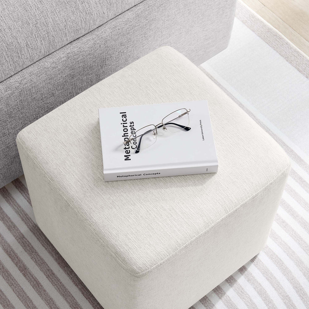 Callum 17" Square Woven Heathered Fabric Upholstered Ottoman - Heathered Weave Ivory