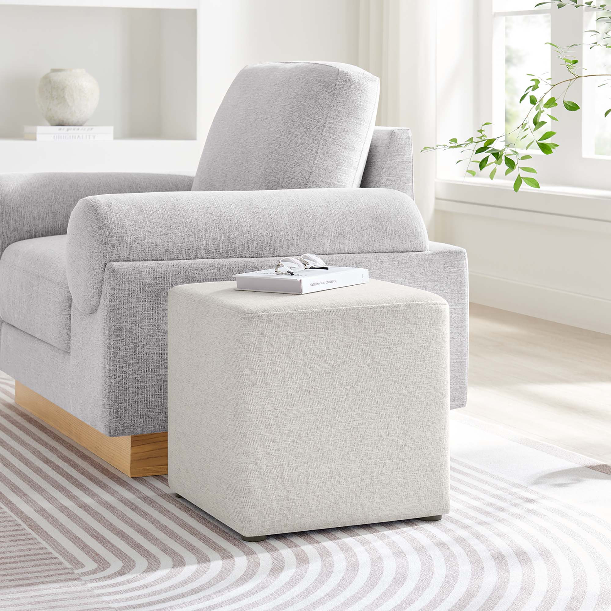 Callum 17" Square Woven Heathered Fabric Upholstered Ottoman - Heathered Weave Ivory