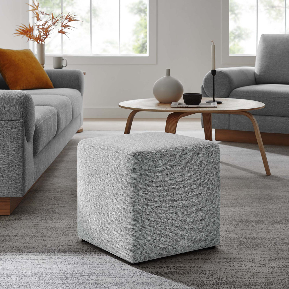 Callum 17" Square Woven Heathered Fabric Upholstered Ottoman - Heathered Weave Light Gray