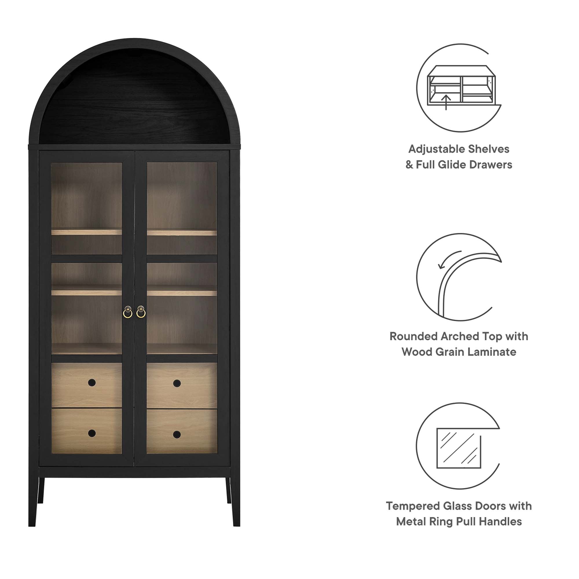 Nolan Tall Arched Storage Display Cabinet - Black Oak