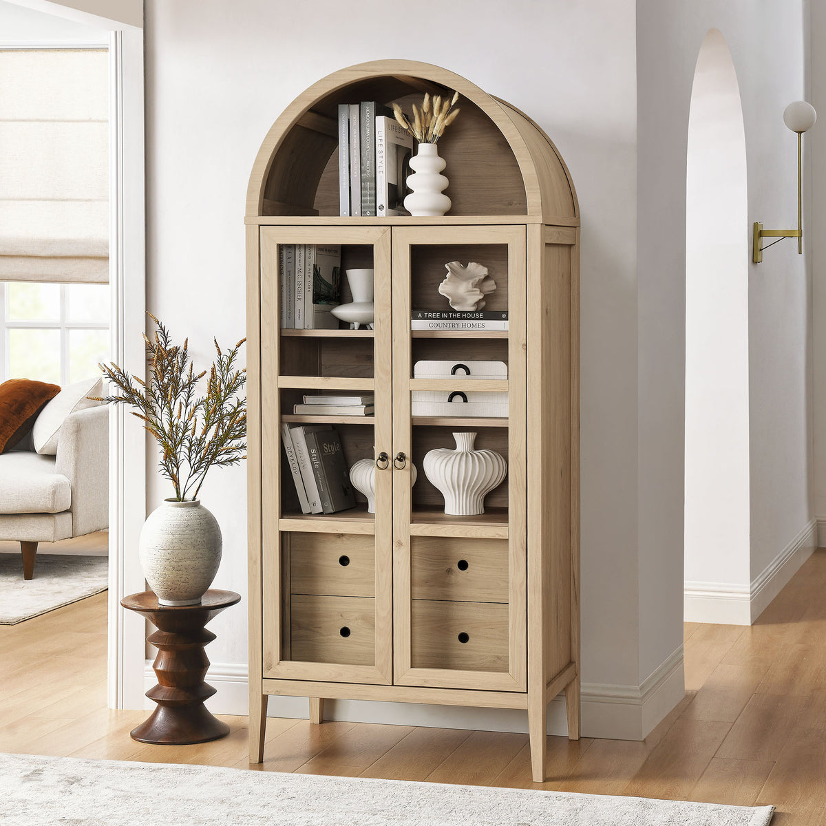 Nolan Tall Arched Storage Display Cabinet - Light Oak