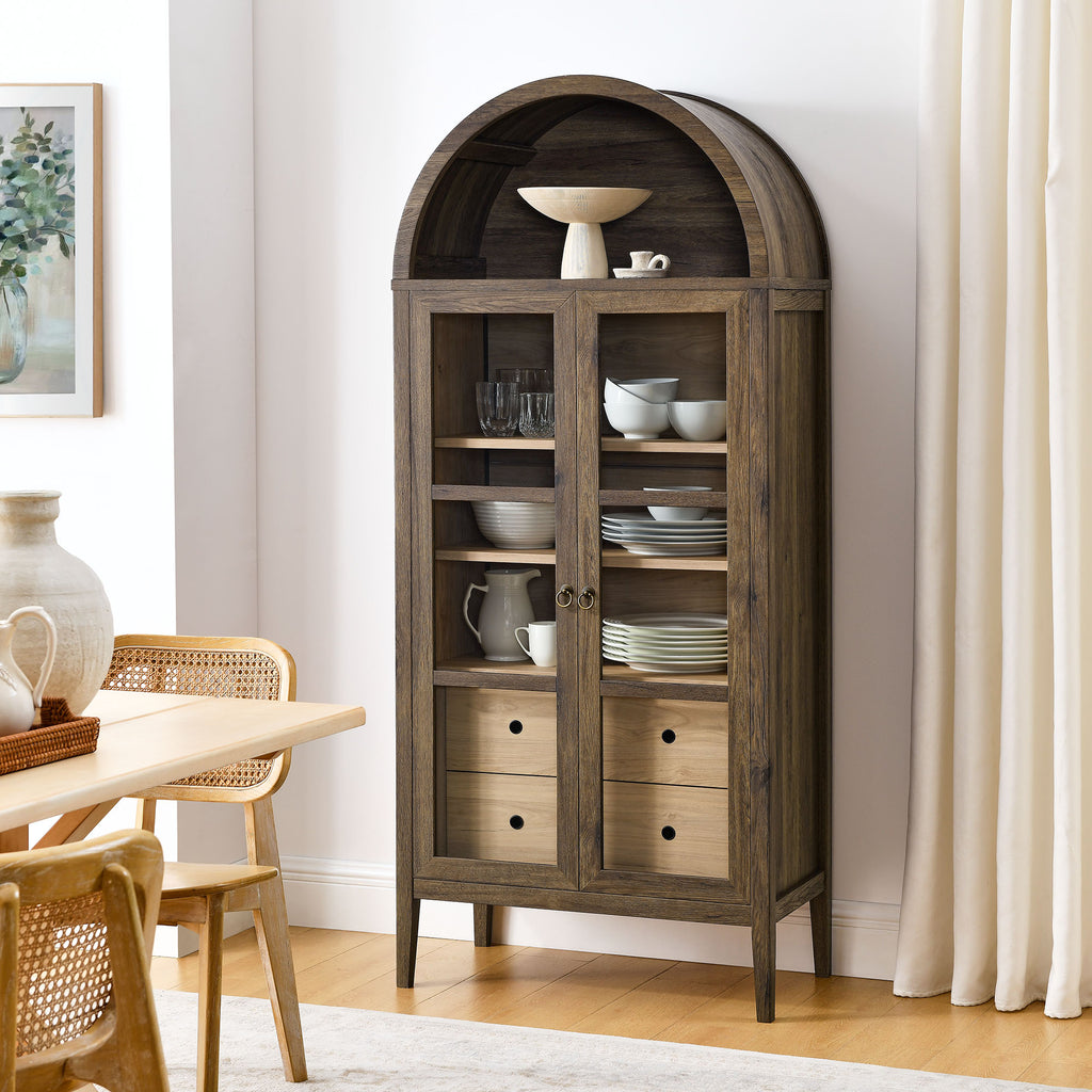 Nolan Tall Arched Storage Display Cabinet - Walnut Hickory