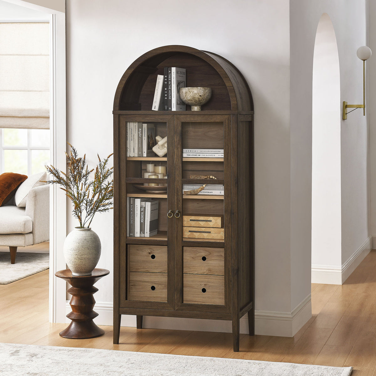 Nolan Tall Arched Storage Display Cabinet - Walnut Hickory