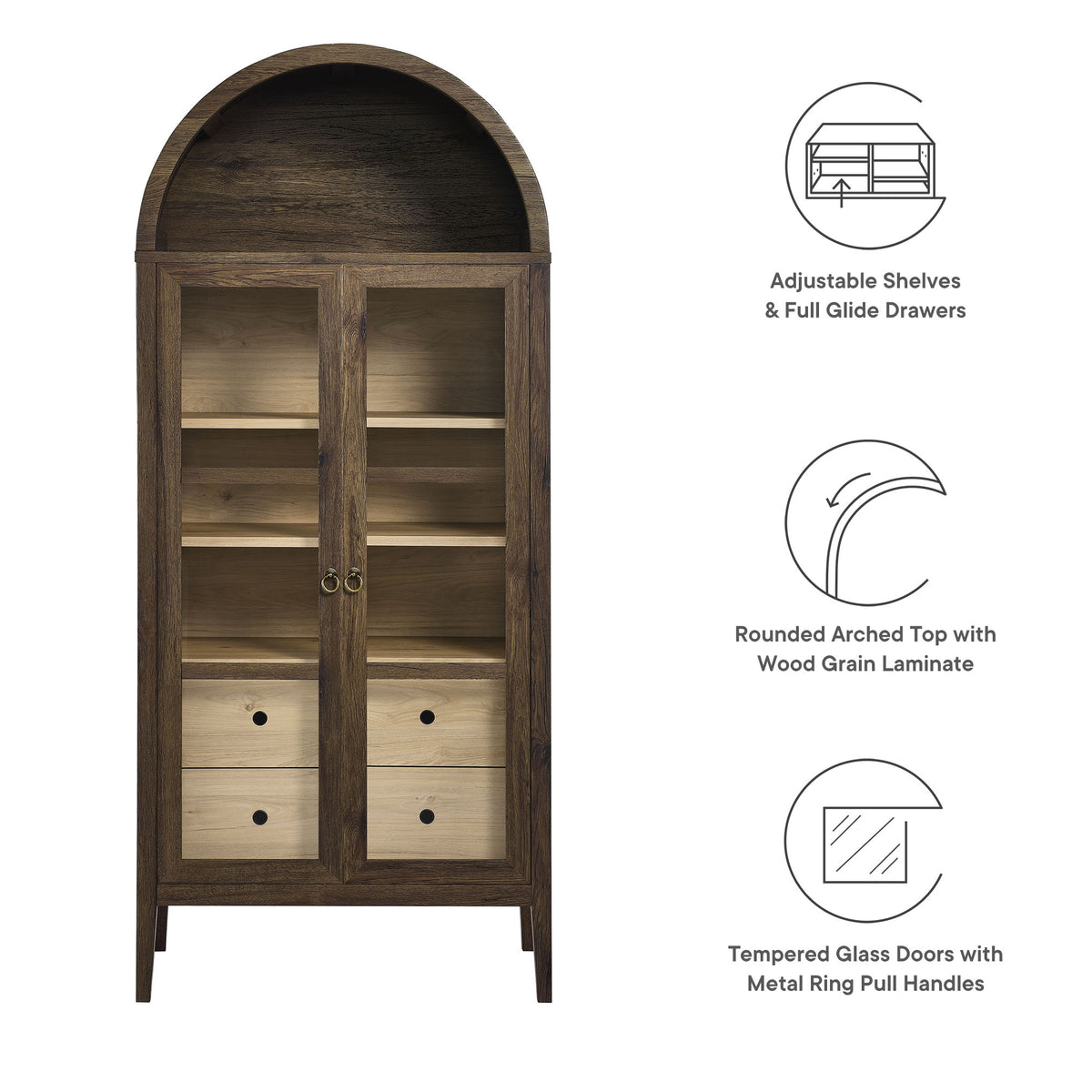 Nolan Tall Arched Storage Display Cabinet - Walnut Hickory