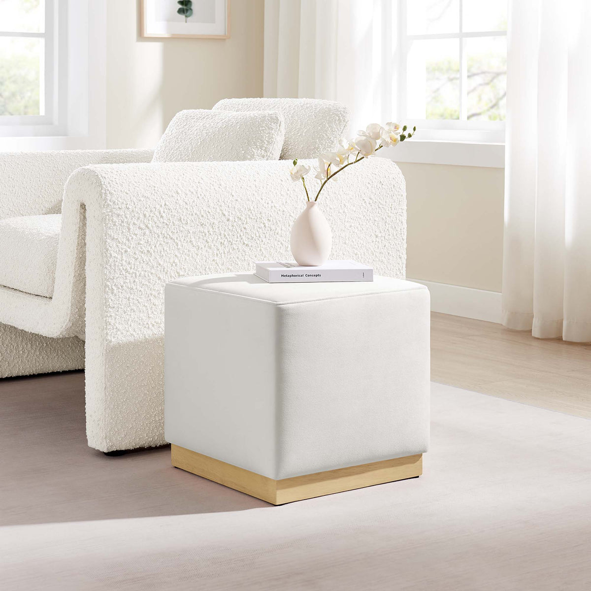 Tilden 17" Square Performance Velvet Upholstered Ottoman - Alabaster Natural