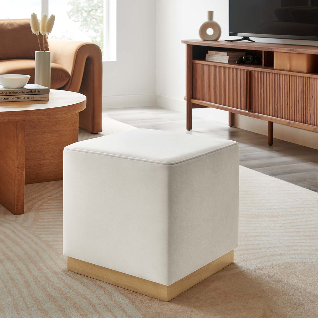 Tilden 17" Square Performance Velvet Upholstered Ottoman - Alabaster Natural