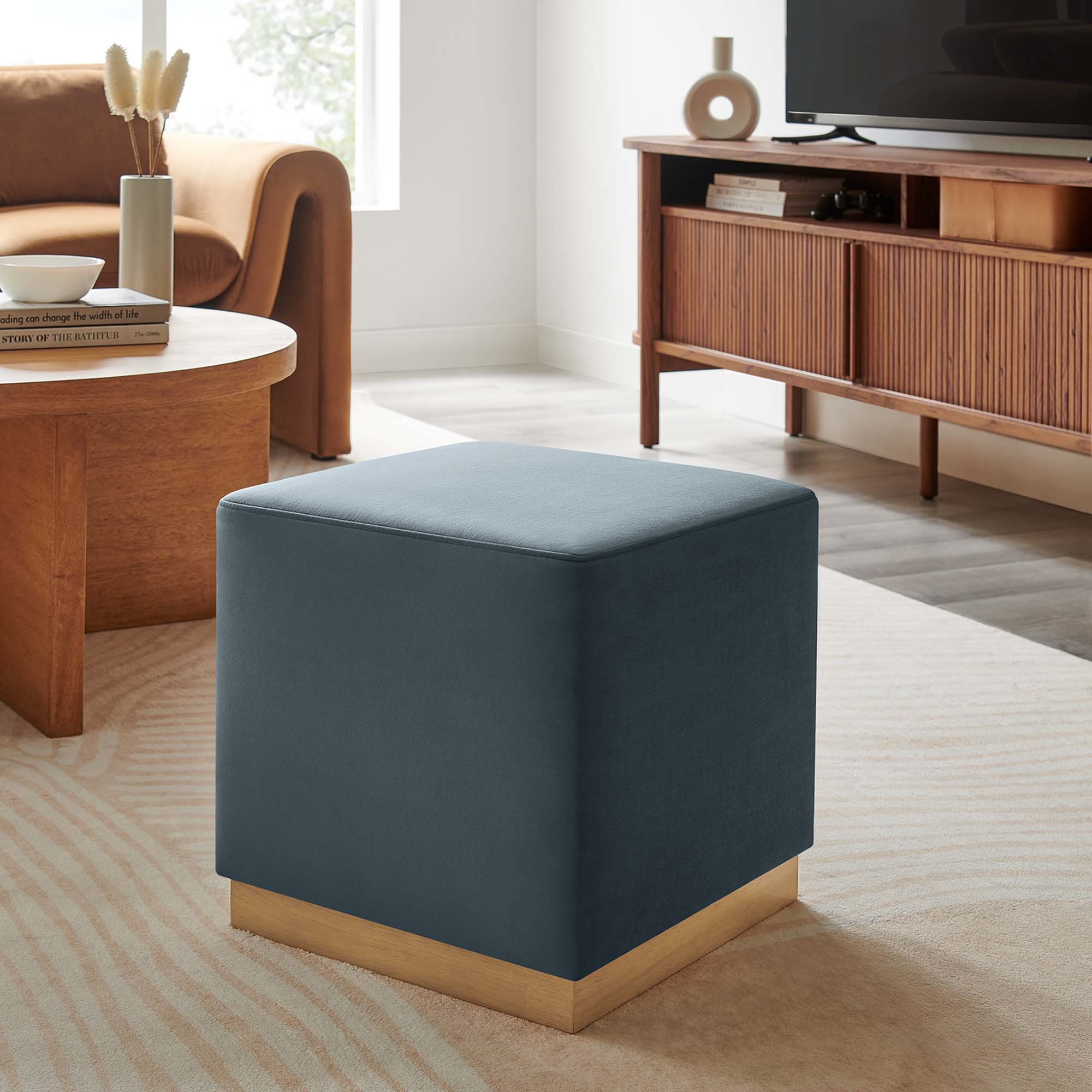 Tilden 17" Square Performance Velvet Upholstered Ottoman - Cadet Blue Natural