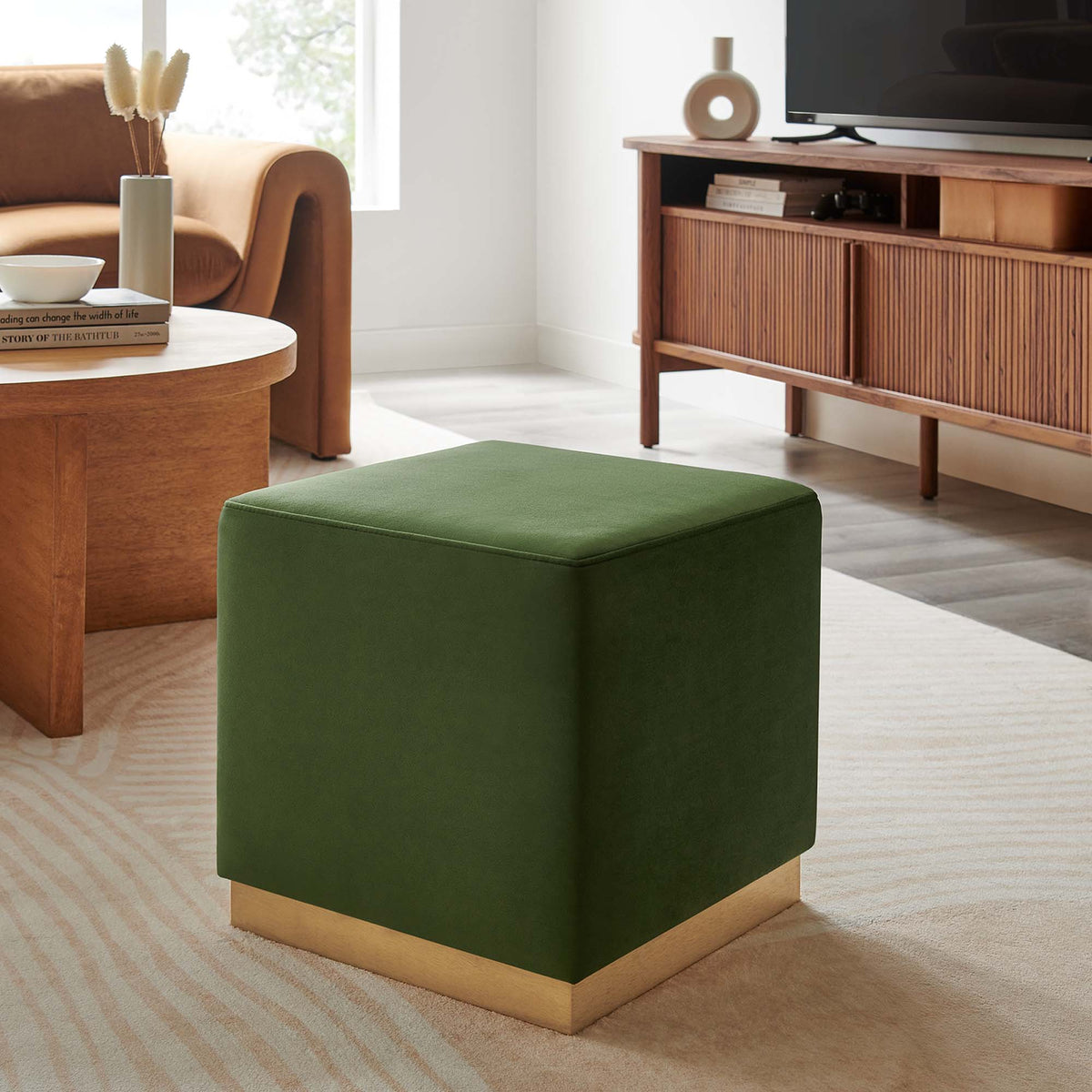 Tilden 17" Square Performance Velvet Upholstered Ottoman - Moss Green Natural