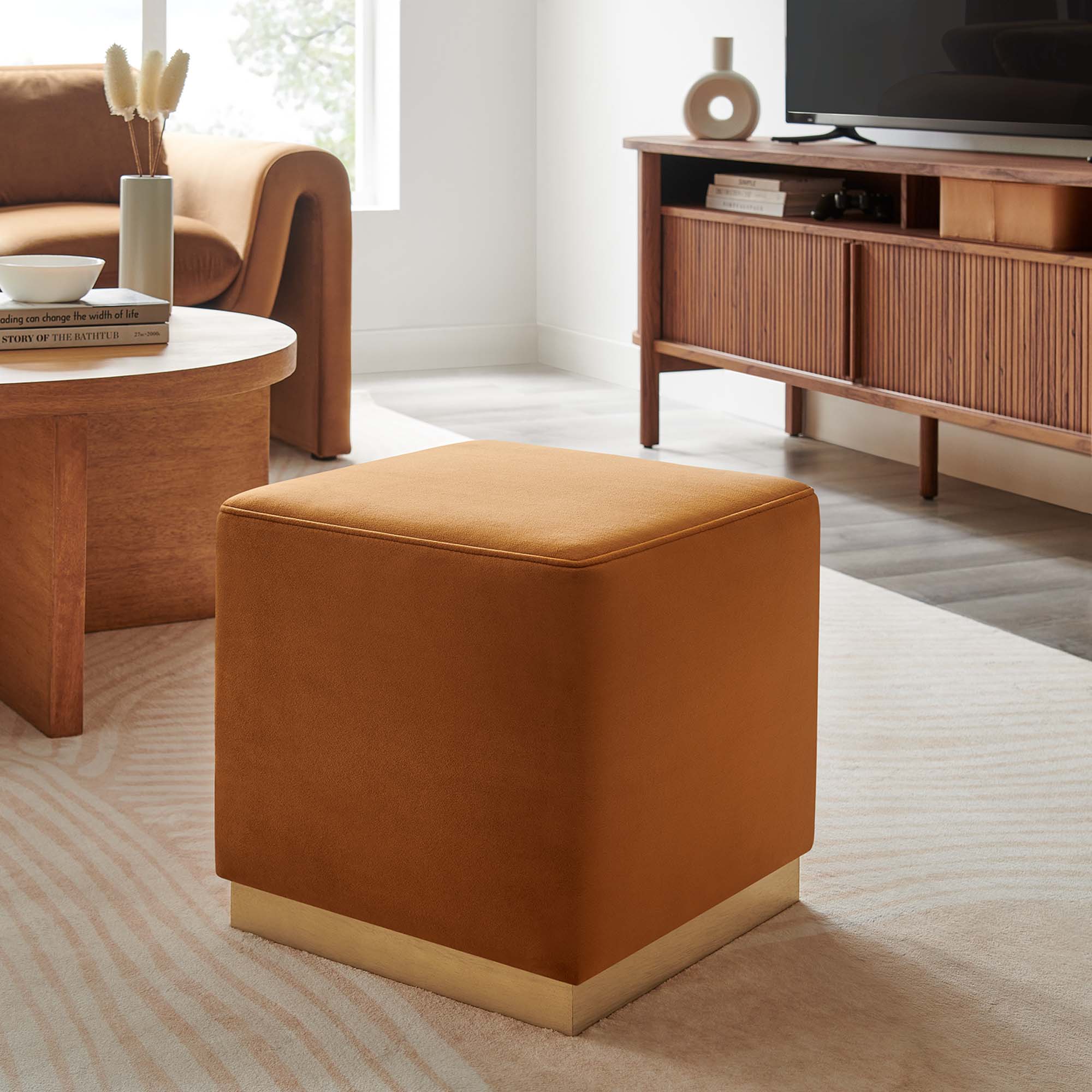 Tilden 17" Square Performance Velvet Upholstered Ottoman - Rust Natural