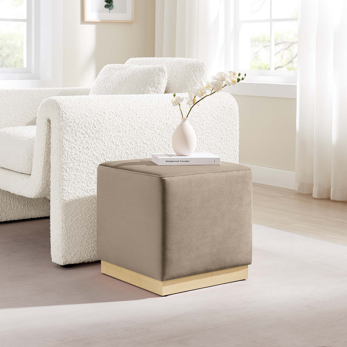 Tilden 17" Square Performance Velvet Upholstered Ottoman - Taupe Natural