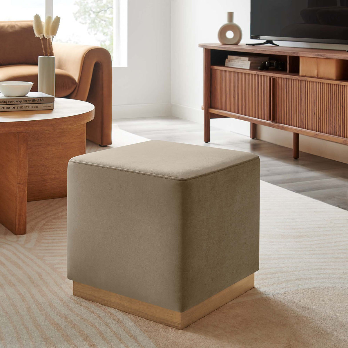 Tilden 17" Square Performance Velvet Upholstered Ottoman - Taupe Natural