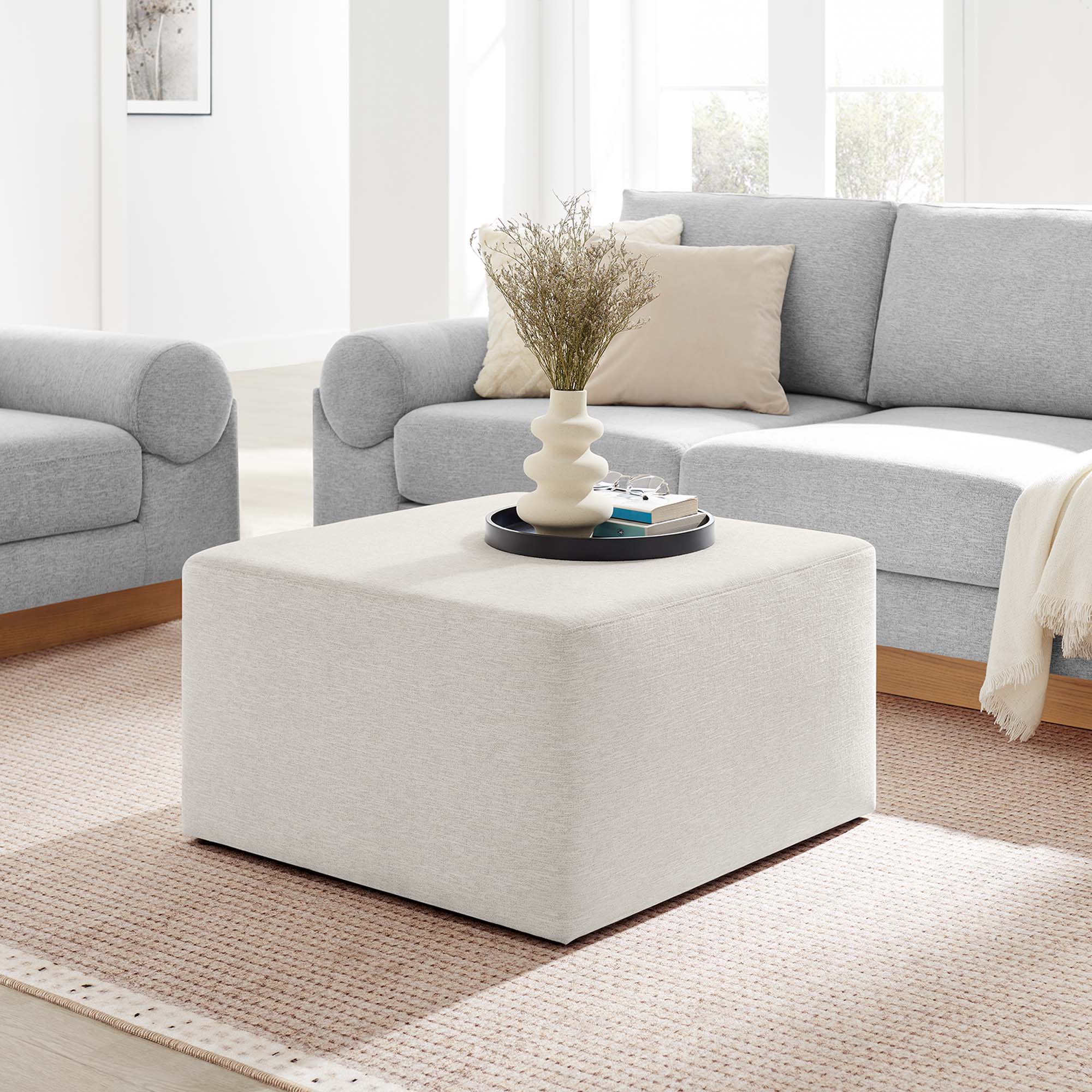 Callum Large 28" Square Woven Heathered Fabric Upholstered Ottoman - Heathered Weave Ivory