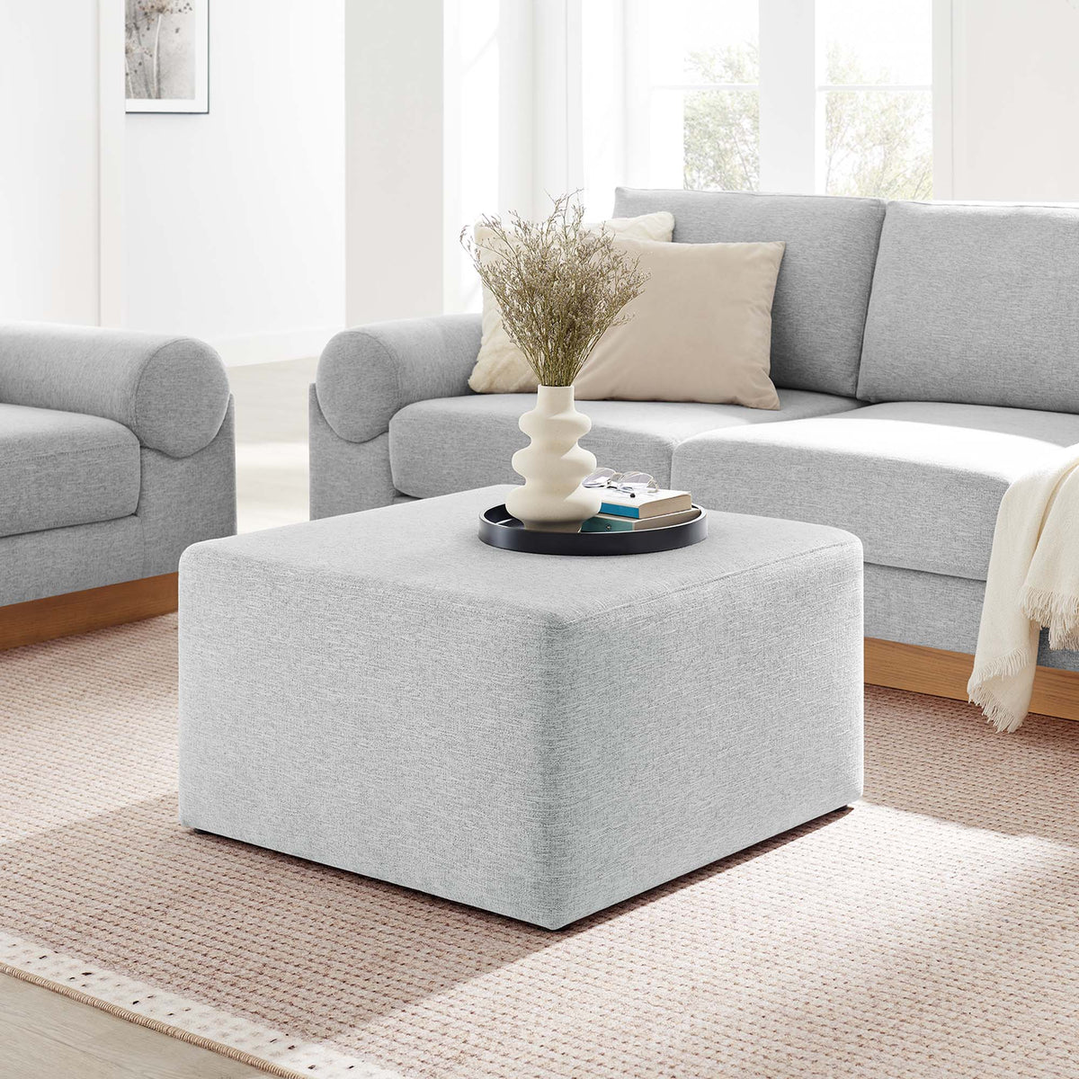 Callum Large 28" Square Woven Heathered Fabric Upholstered Ottoman - Heathered Weave Light Gray