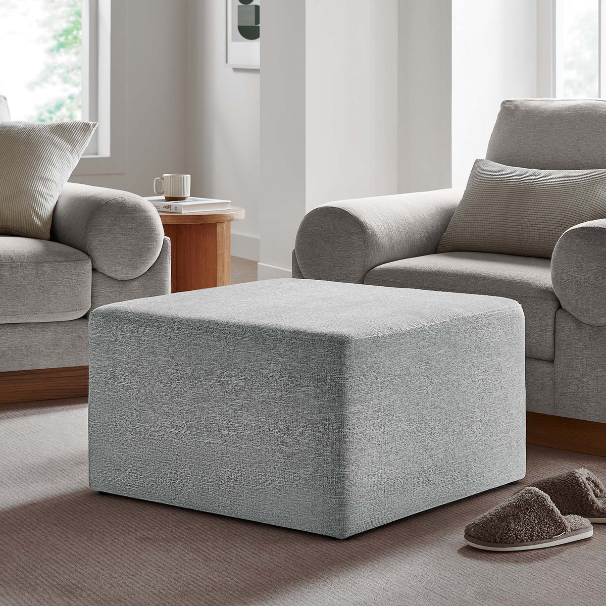Callum Large 28" Square Woven Heathered Fabric Upholstered Ottoman - Heathered Weave Light Gray
