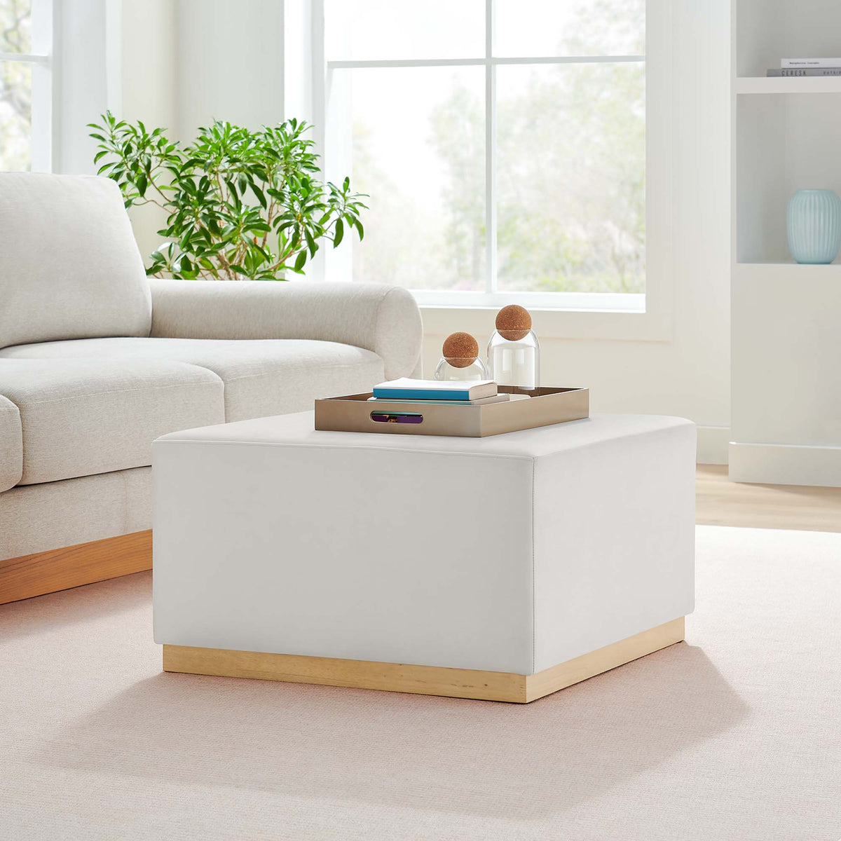 Tilden Large 28" Square Performance Velvet Upholstered Ottoman - Alabaster Natural