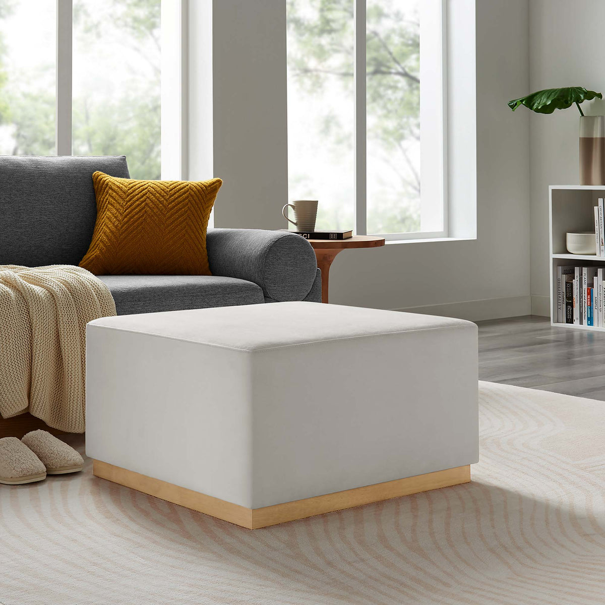 Tilden Large 28" Square Performance Velvet Upholstered Ottoman - Alabaster Natural