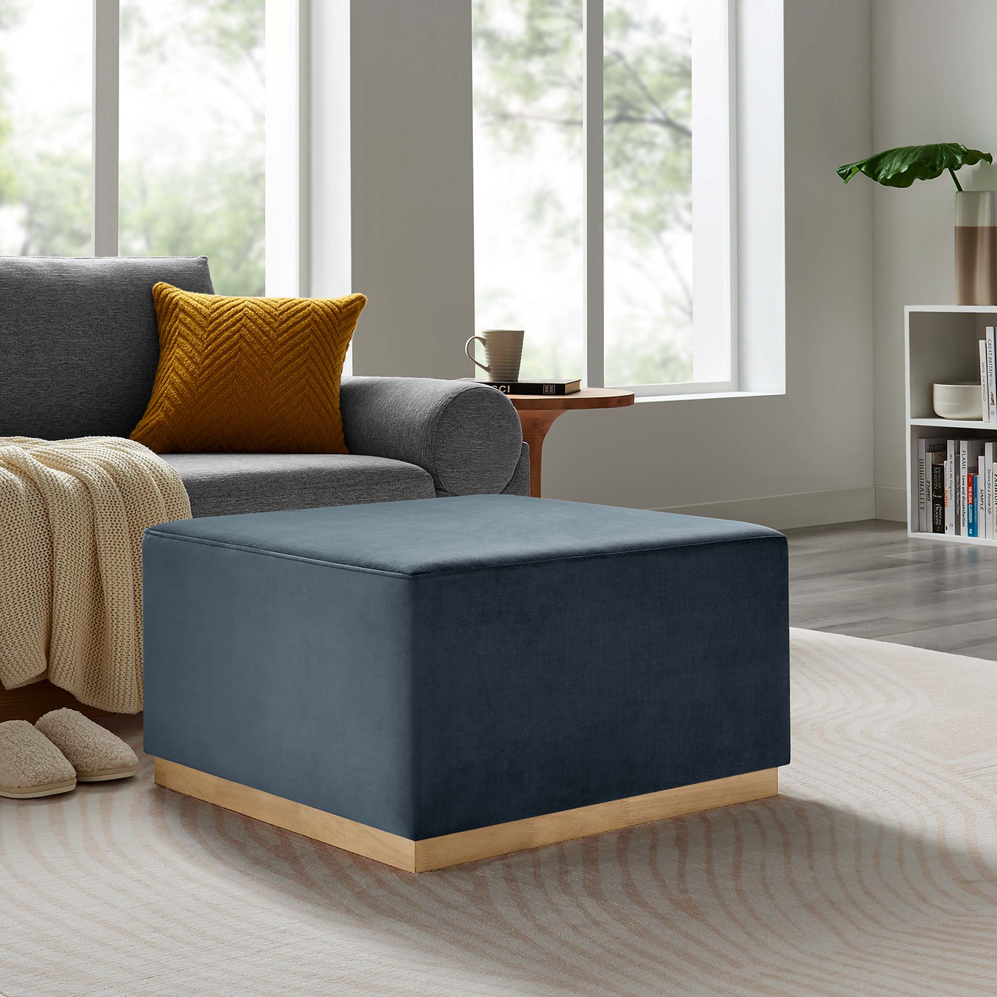 Tilden Large 28" Square Performance Velvet Upholstered Ottoman - Cadet Blue Natural
