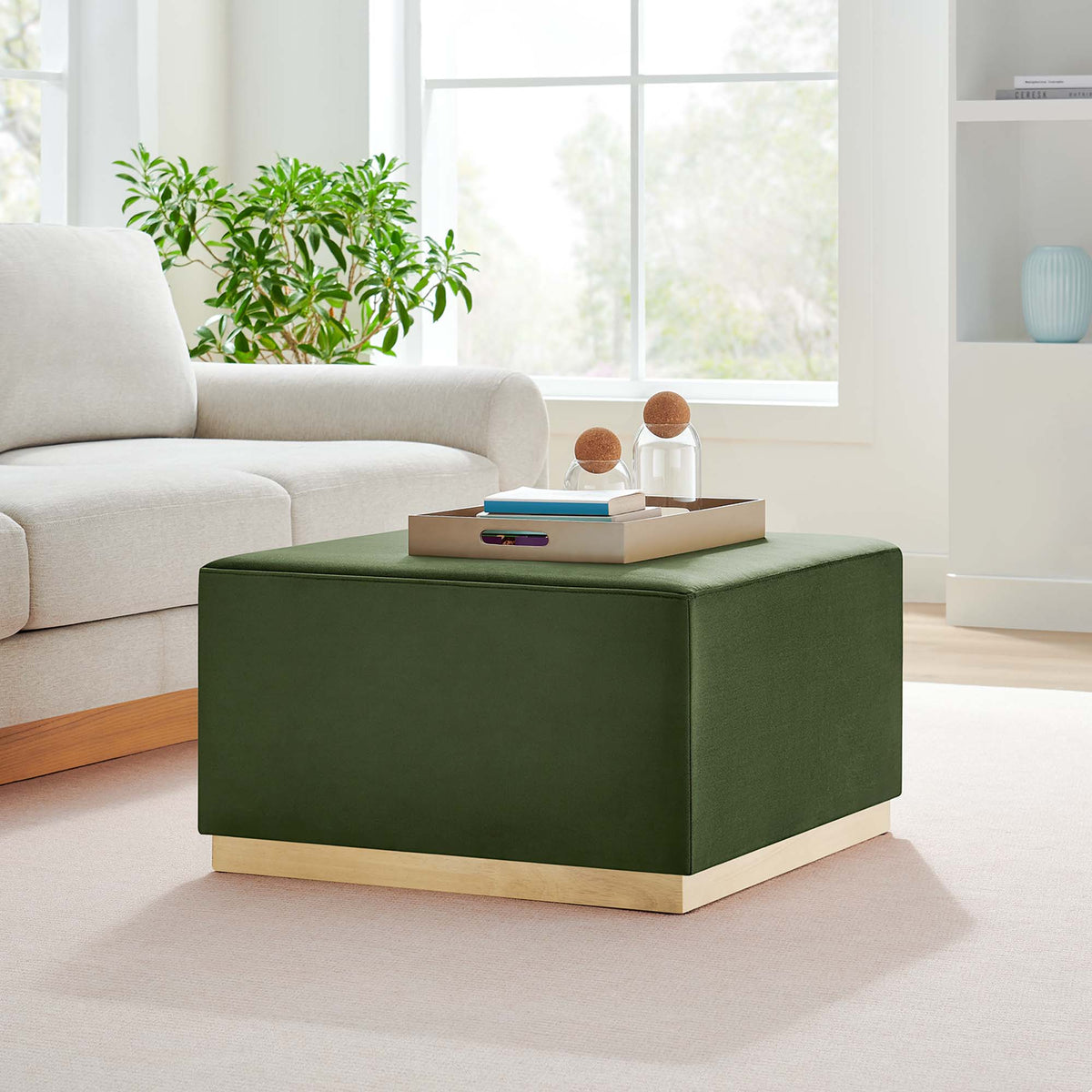 Tilden Large 28" Square Performance Velvet Upholstered Ottoman - Moss Green Natural