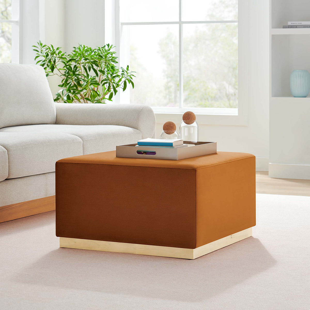 Tilden Large 28" Square Performance Velvet Upholstered Ottoman - Rust Natural