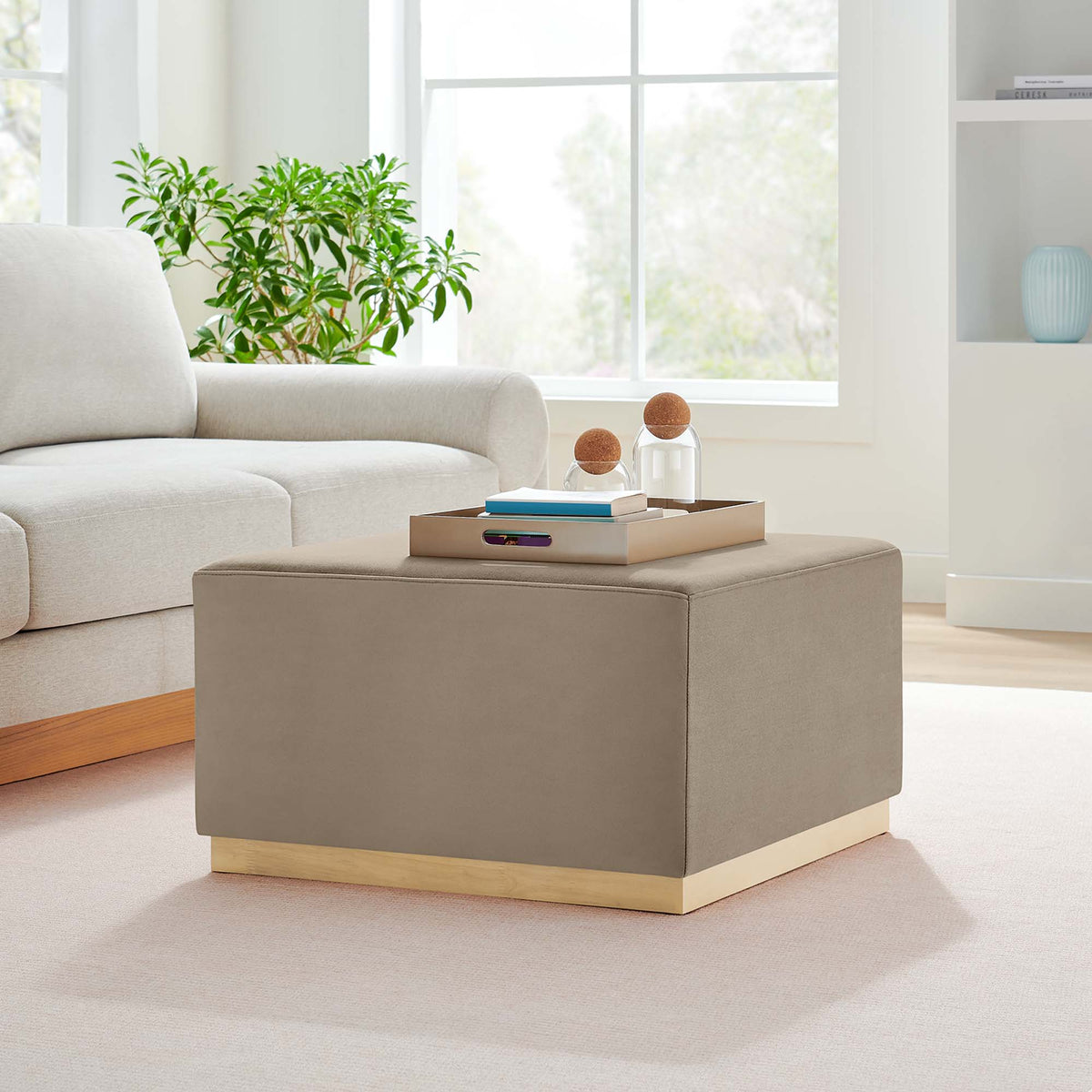Tilden Large 28" Square Performance Velvet Upholstered Ottoman - Taupe Natural