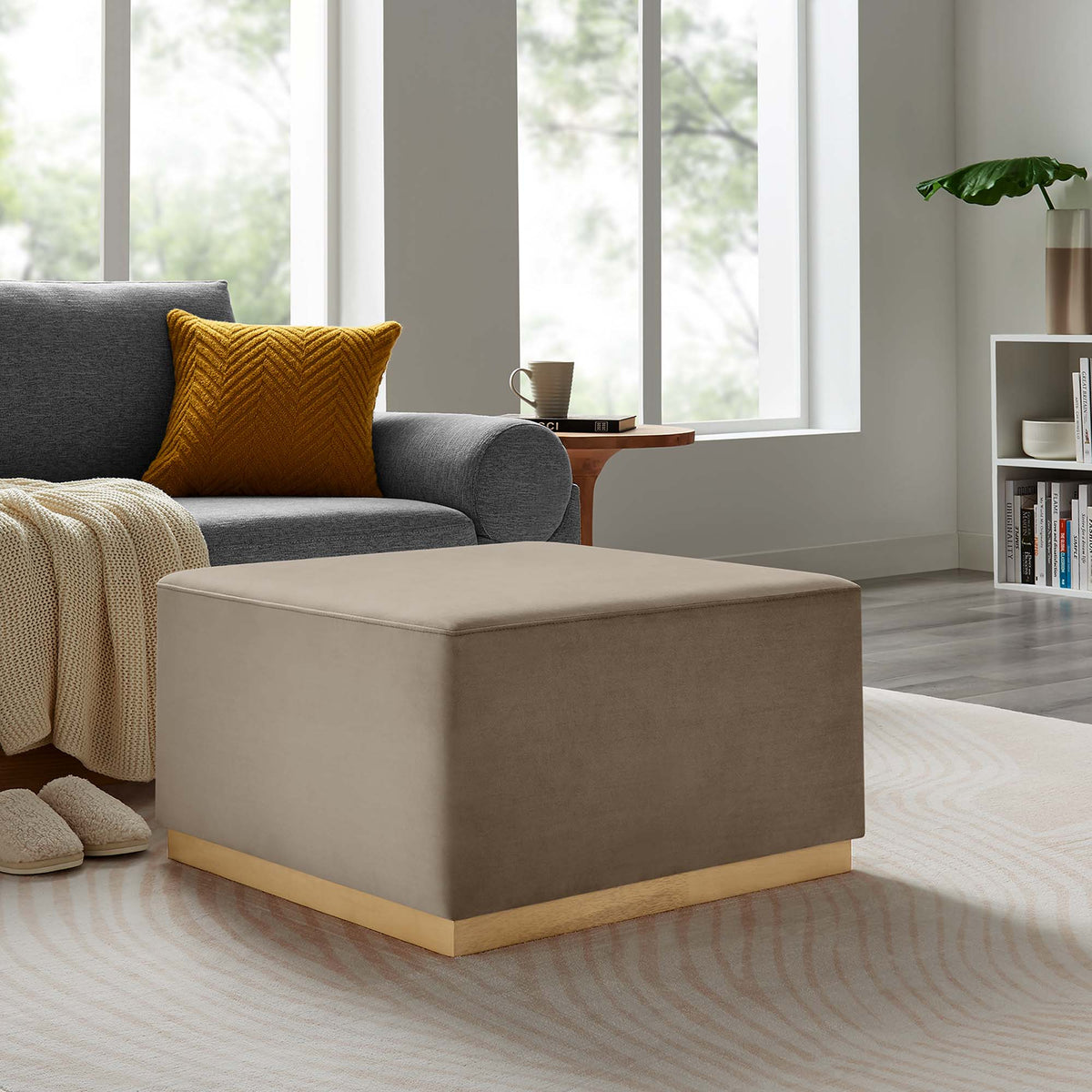 Tilden Large 28" Square Performance Velvet Upholstered Ottoman - Taupe Natural
